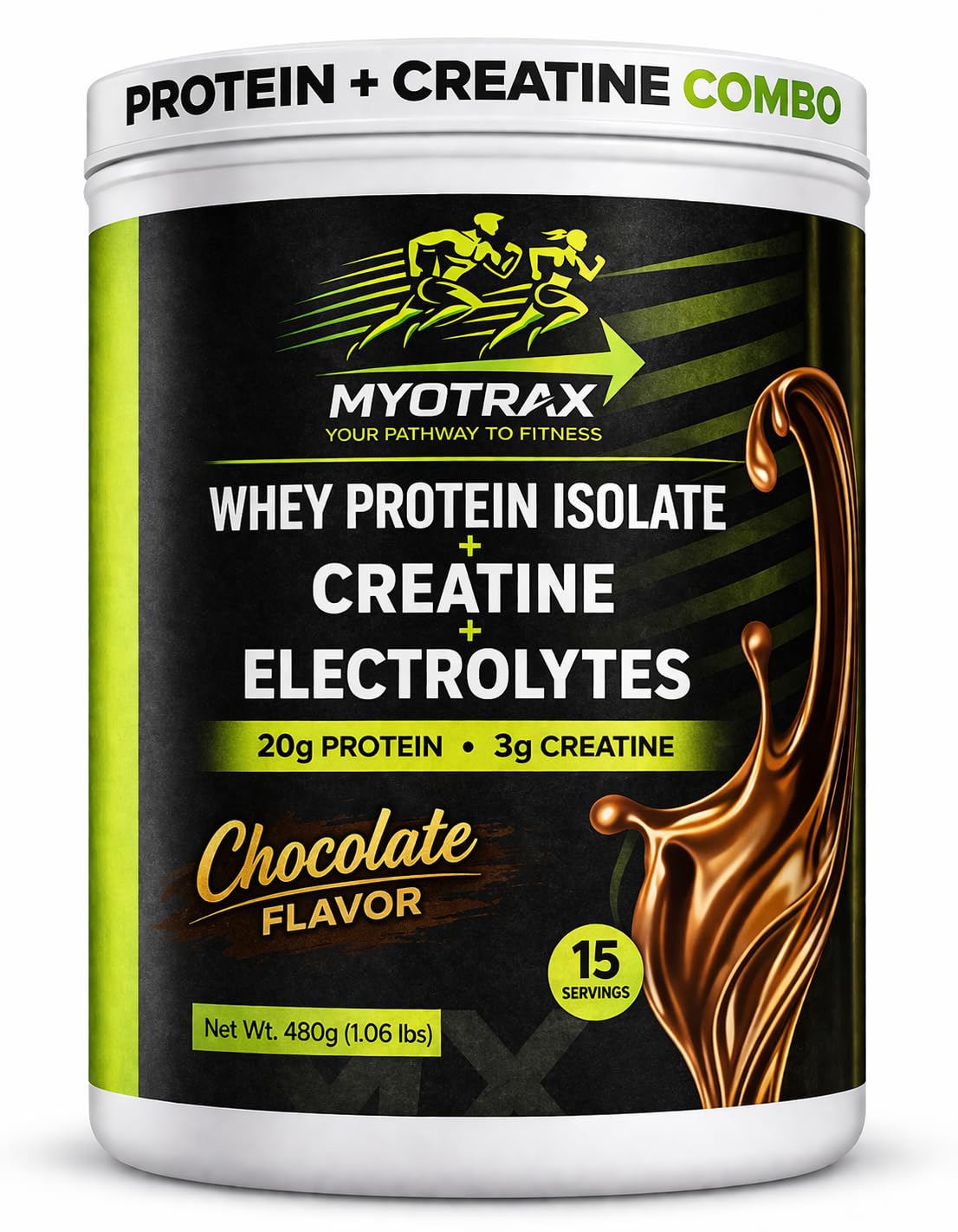 MYOTRAX Whey Protein Isolate Protein Powder with Creatine & Electrolytes, Chocolate, 15 Servings