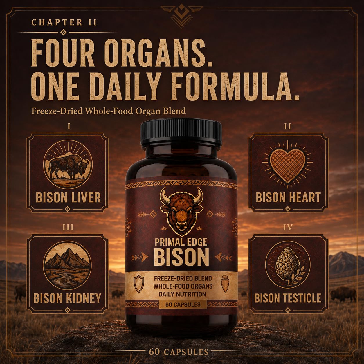 Kymezol Primal Edge Bison Grass-Fed American Bison Organ Supplement Capsule, 60 Capsules