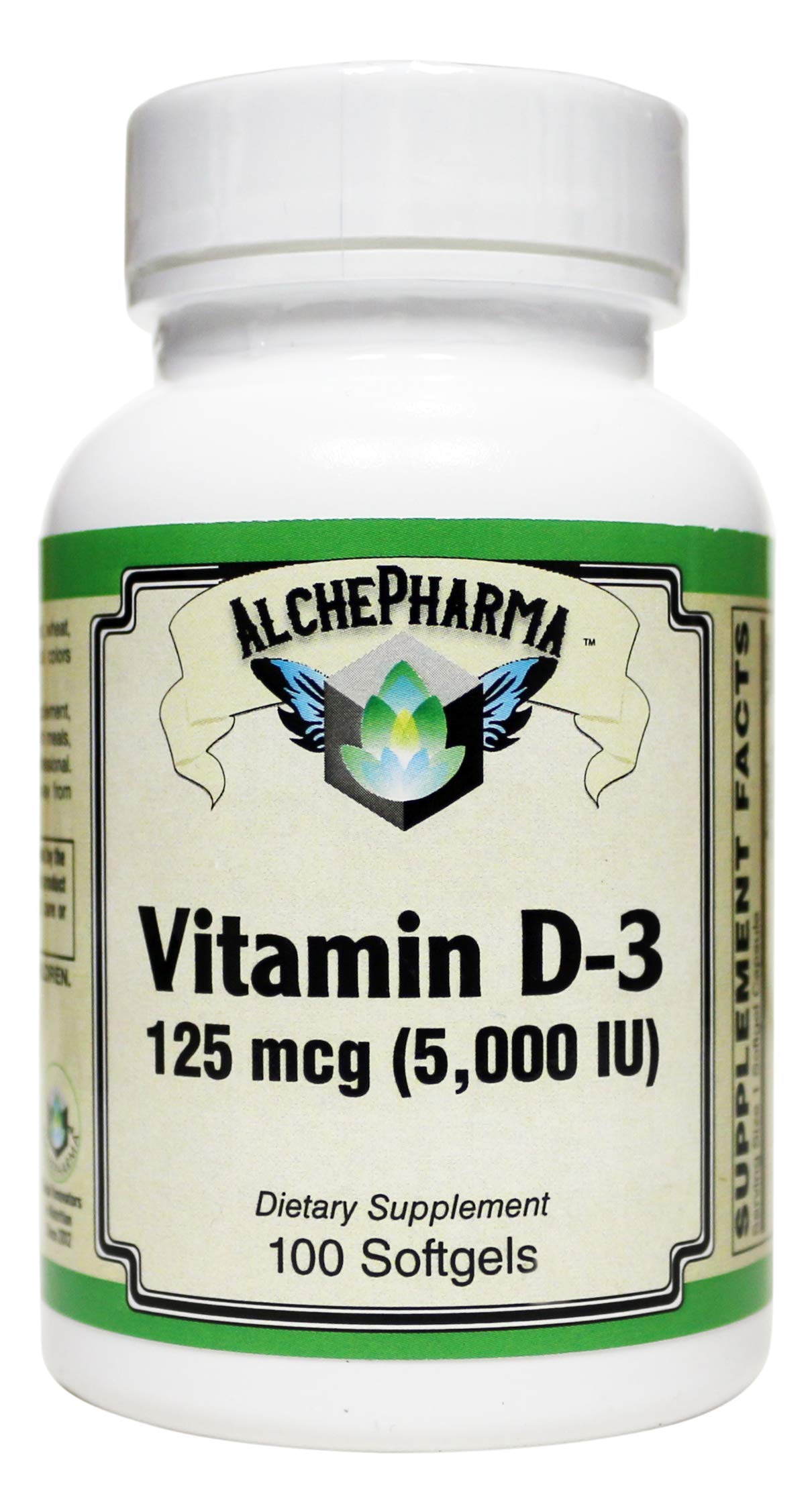 AlchePharma Vitamin D-3 125 mcg (5,000 IU) from Lanolin in a Base of Safflower Oil, 100 Soft Gels