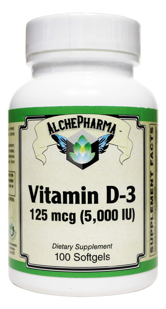 AlchePharma Vitamin D-3 125 mcg (5,000 IU) from Lanolin in a Base of Safflower Oil, 100 Soft Gels