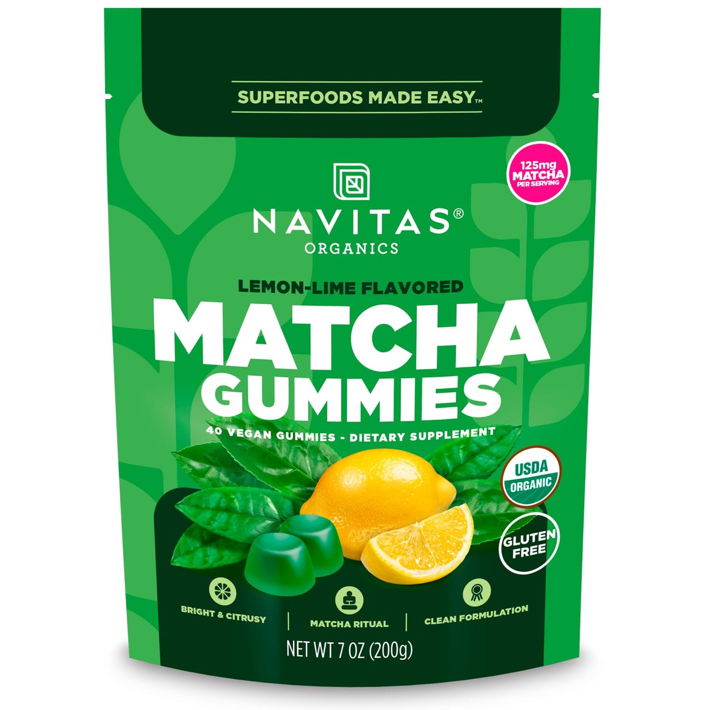 Navitas Organics Lemon Lime Matcha Gummies – 125mg Matcha Per Serving – 7 Count