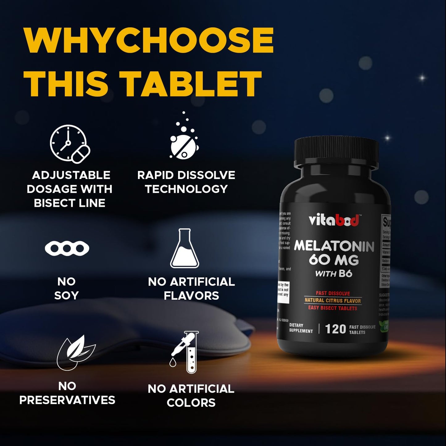Vitabod Melatonin 60 mg with Vitamin B6 Tablet, 120 Count