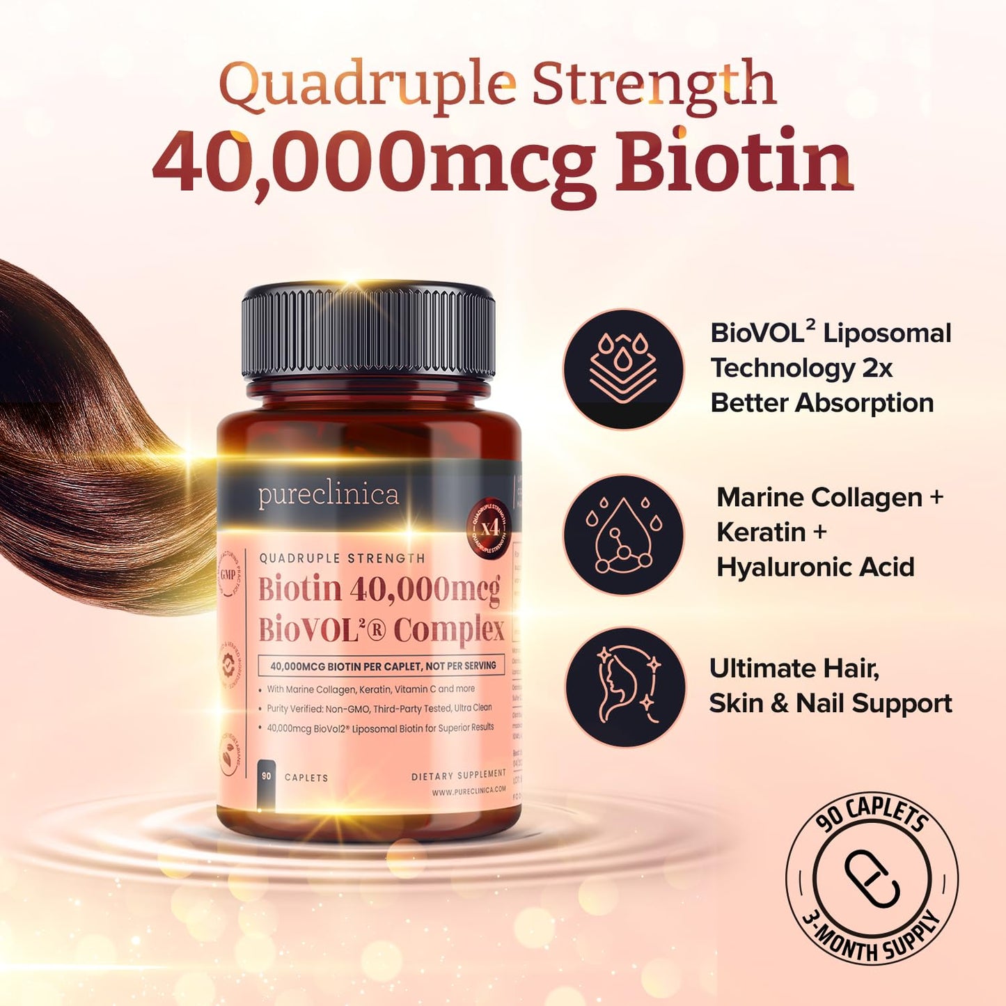pureclinica Biotin 40,000mcg (400% Strength) BioVOL² Liposomal Biotin Complex Caplets, 180 Count