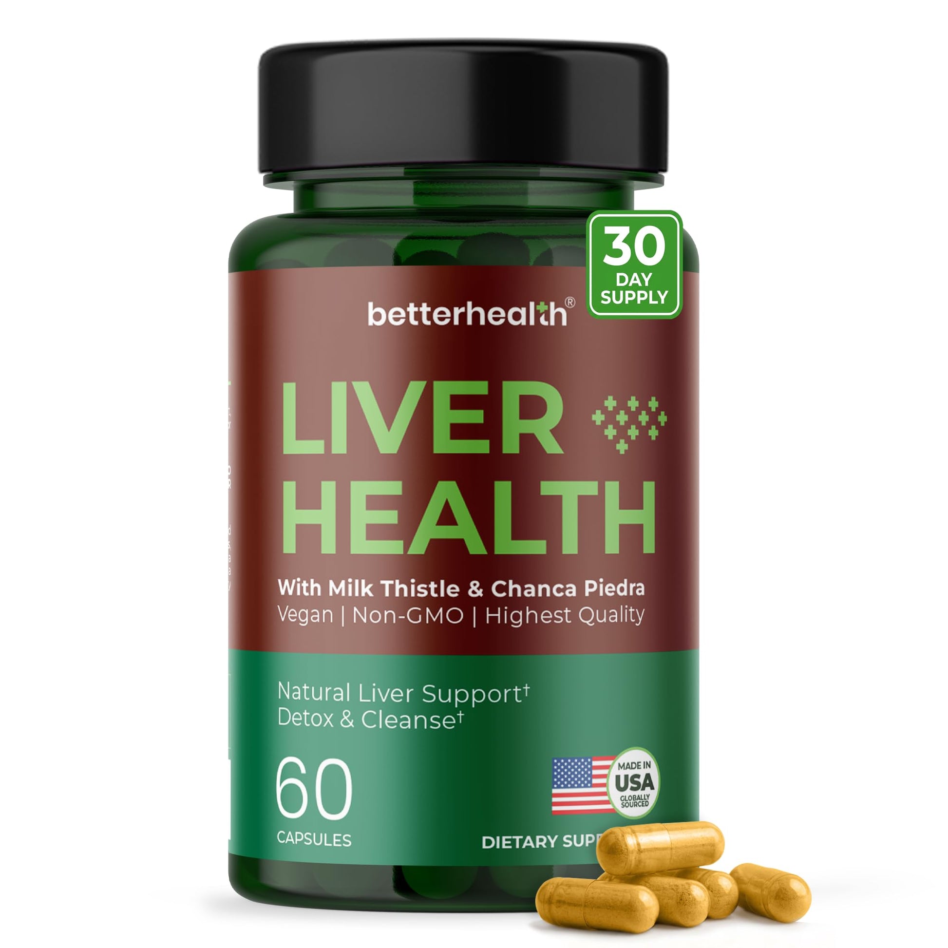 BetterHealth Liver Cleanse Detox & Repair Supplement with Milk Thistle, Dandelion Root & Artichoke Extract – Herbal Liver Support & Daily Detox Capsules, Vegan, 60 Count, 1 Capsule