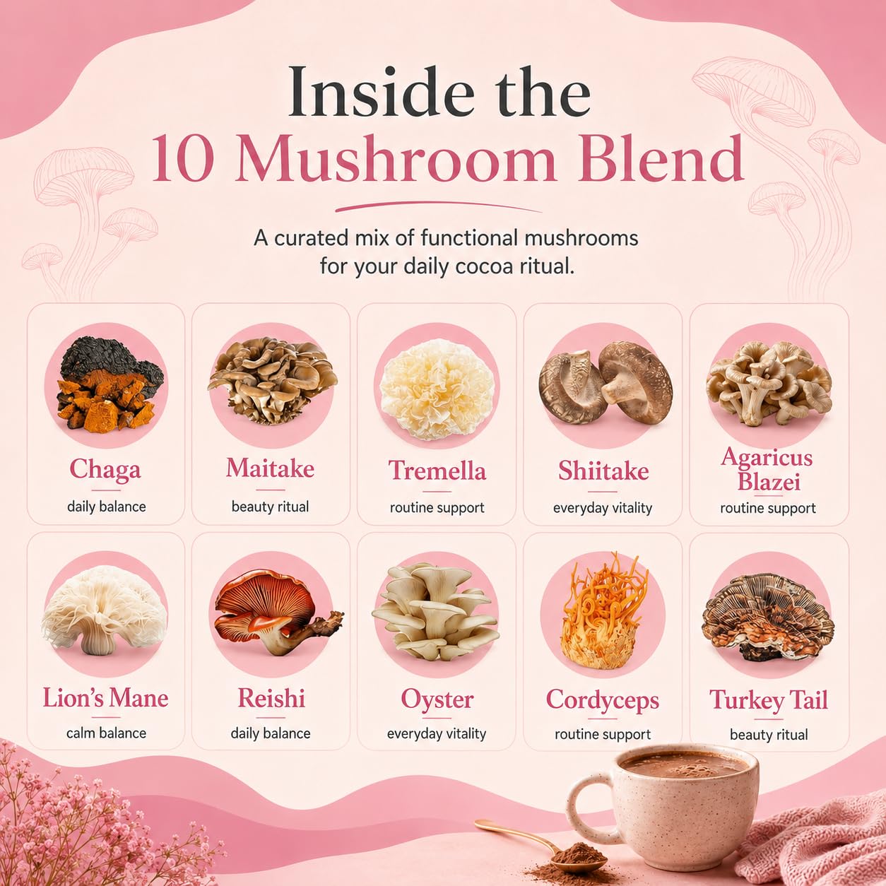 Suiyilary 10 Mushroom Hot Cocoa with Collagen 1500mg & Biotin 80mcg Powder, 5.3 oz