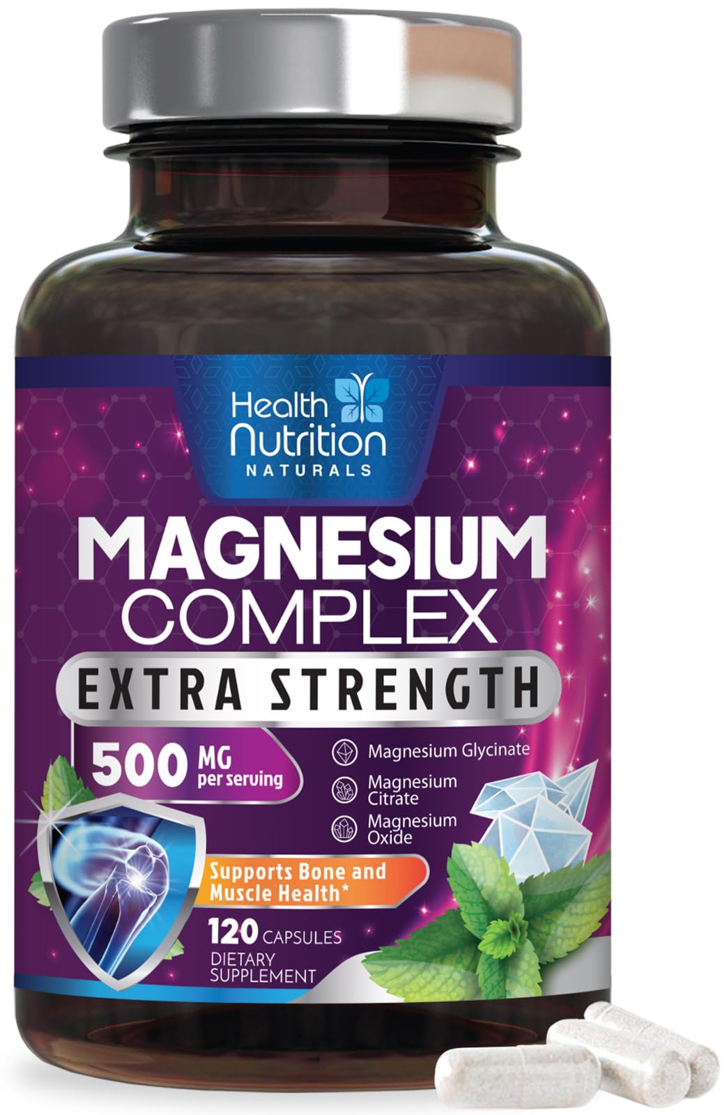 Health Nutrition Naturals Magnesium Complex 500mg per Serving Capsules, 120 Count