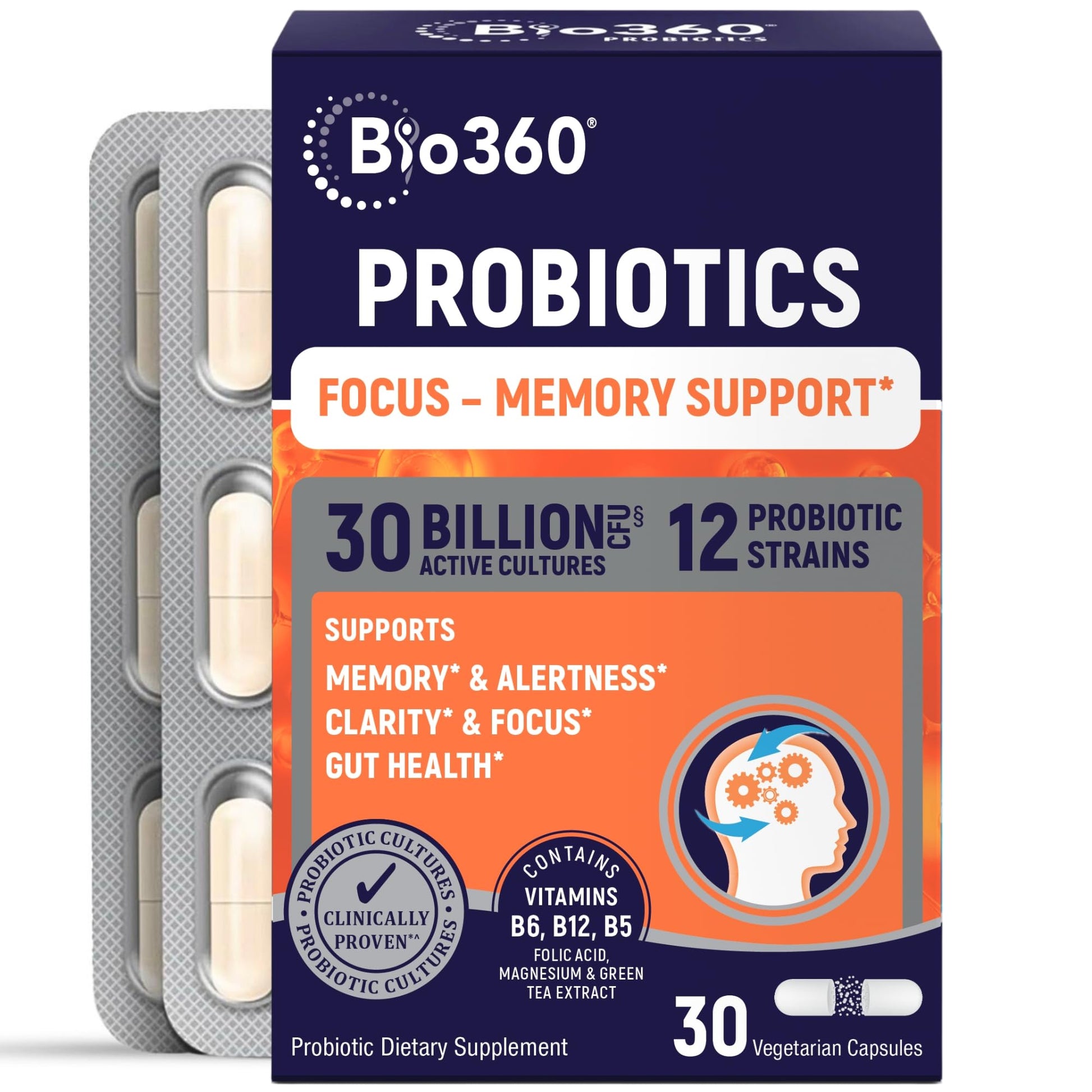 Bio360 Cognitive Support Probiotic for Brain Health, Digestive, Immune Health & Mental Energy, 30 Billion, 12 Probiotics, 25X Green Tea Extract, Magnesium & Vitamin B5, B6 & B12, Capsules, 30