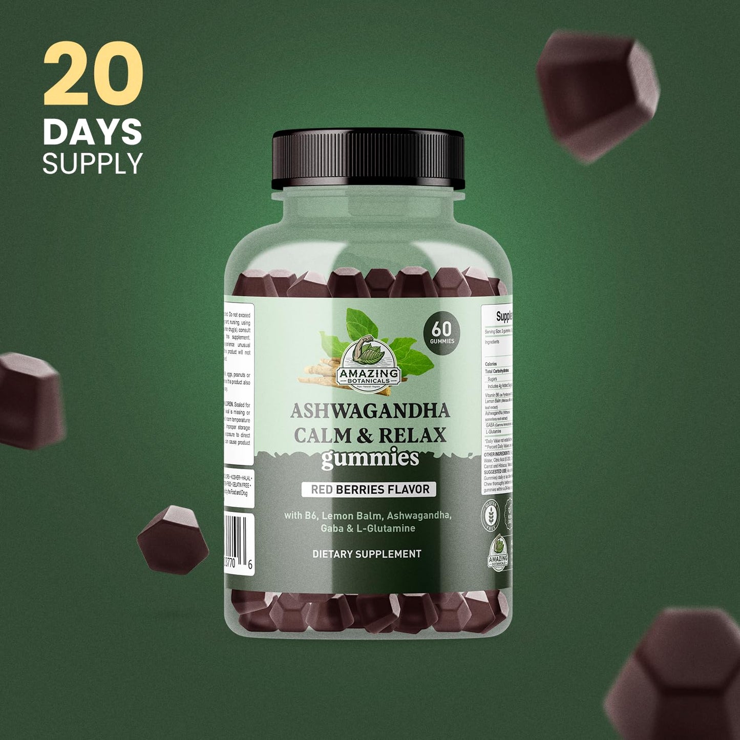 Amazing Botanicals Ashwagandha Calm & Relax Gummies with Vitamin B6, Lemon Balm, GABA & L-Glutamine, 60 Gummies
