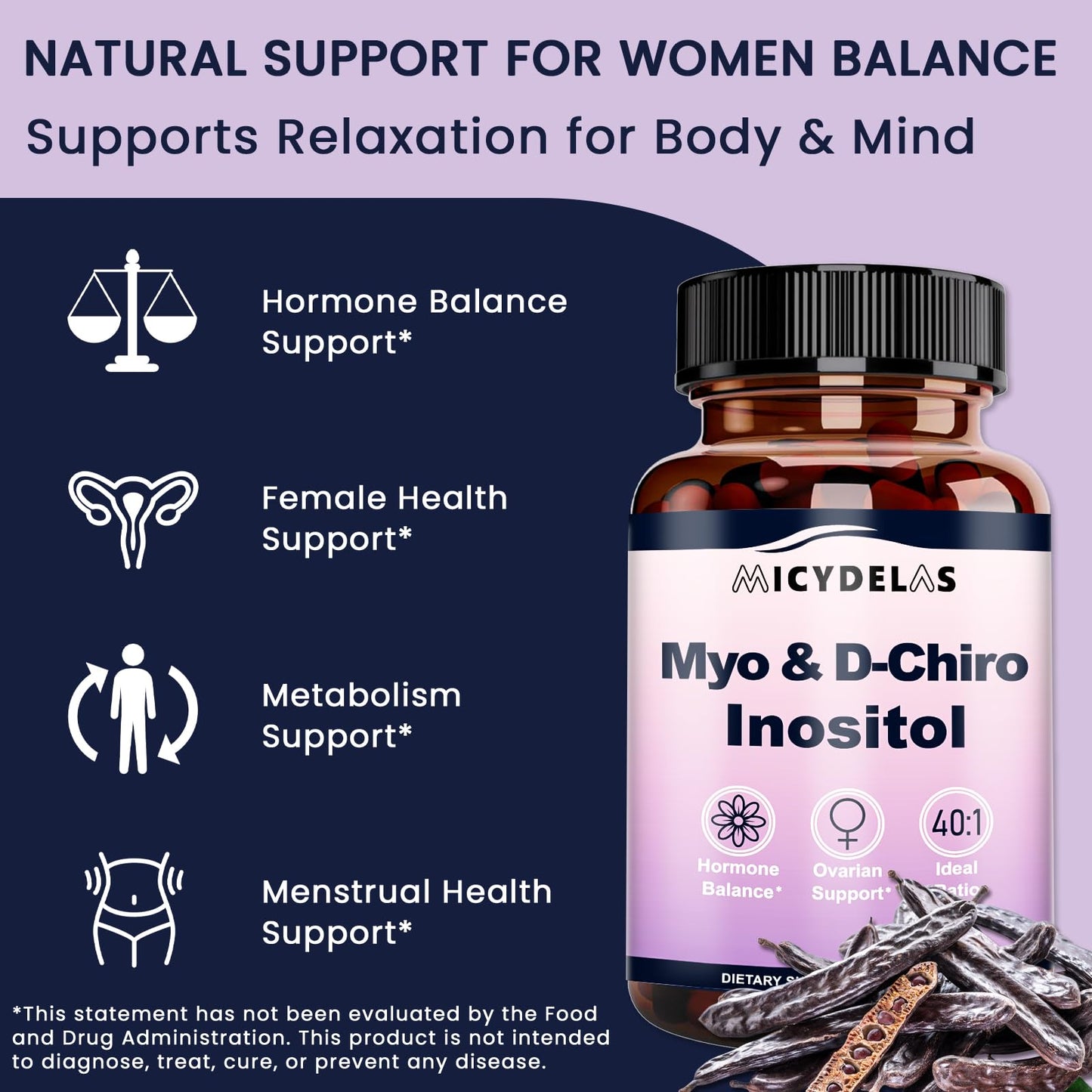 MICYDELAS Myo-Inositol & D-Chiro Inositol Supplement for Women Hormone Balance & Female Health Support, Ideal 40:1 Ratio Per Serving, Vegan, Non-GMO 120 Capsules
