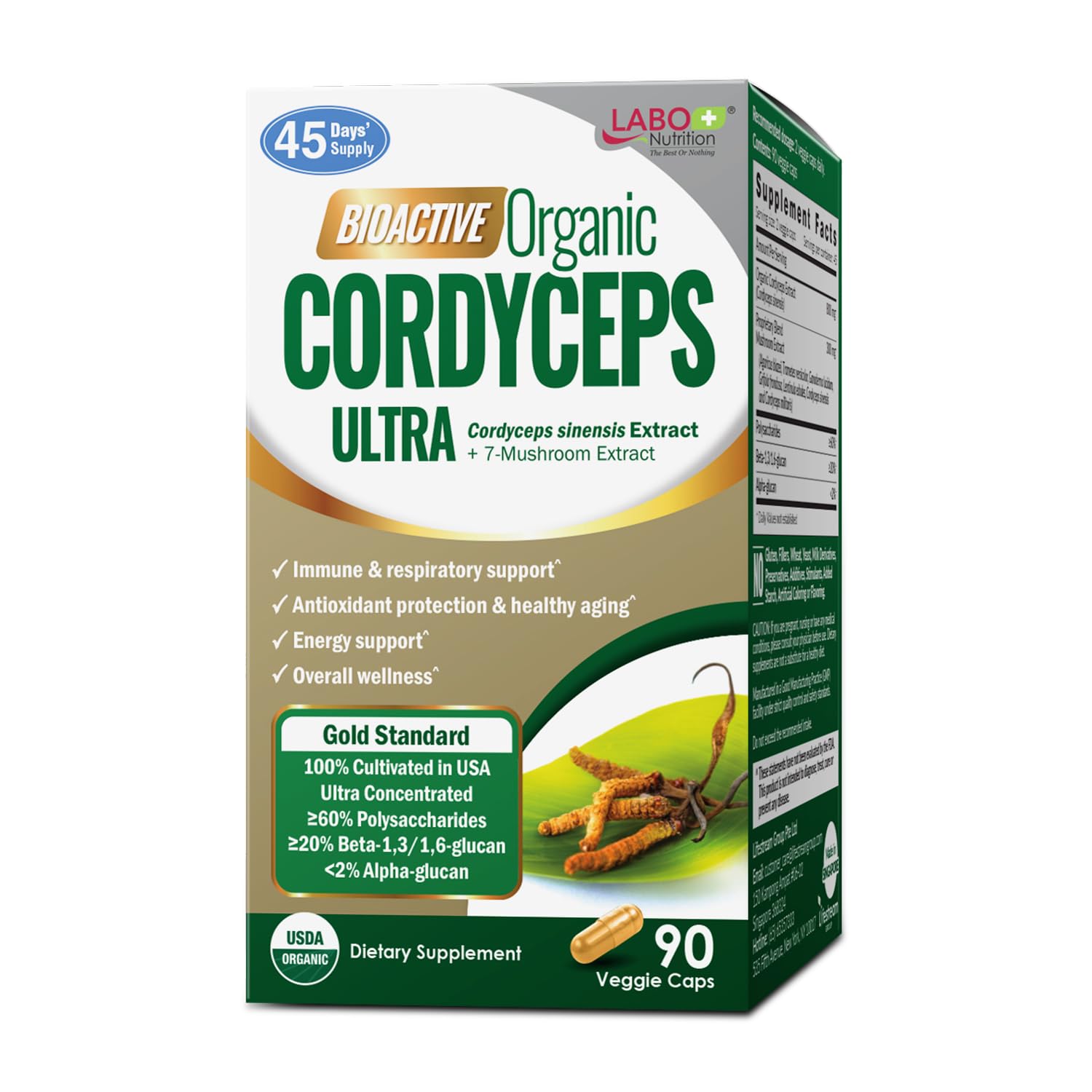 LABO Nutrition Bioactive Organic Cordyceps Ultra – 8 Mushroom Extract Supplement Capsules 90 Count