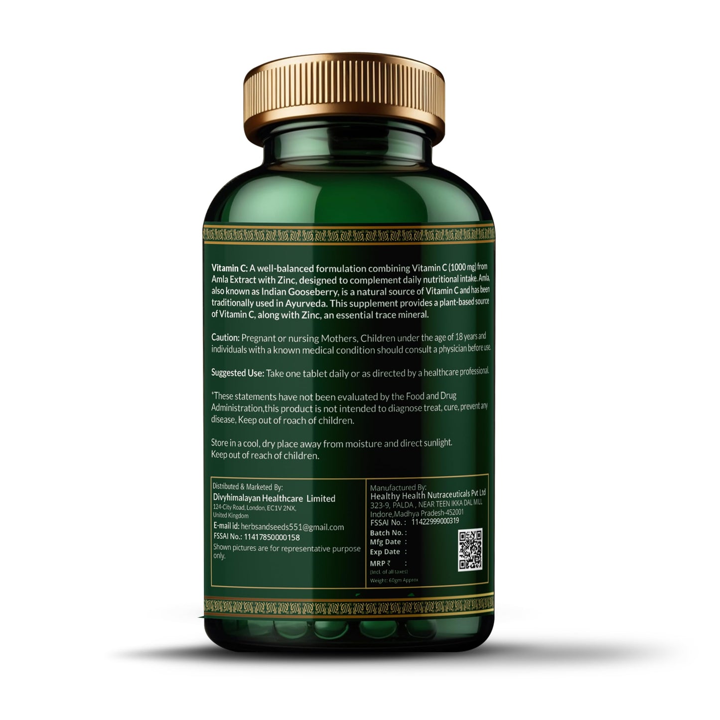 HERBS & SEEDS Vitamin C Supplement with Zinc 1000mg Plant-Based Tablets, 120 Tablets