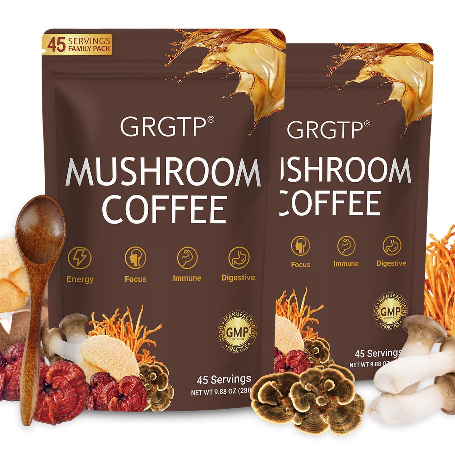 GRGTP Mushroom Coffee - Superfood Blend with 6 Adaptogens Jitter-Free Energy, Enhanced Focus, Digestion & Immunity Support Powder 19.75 oz (Pack of 2)