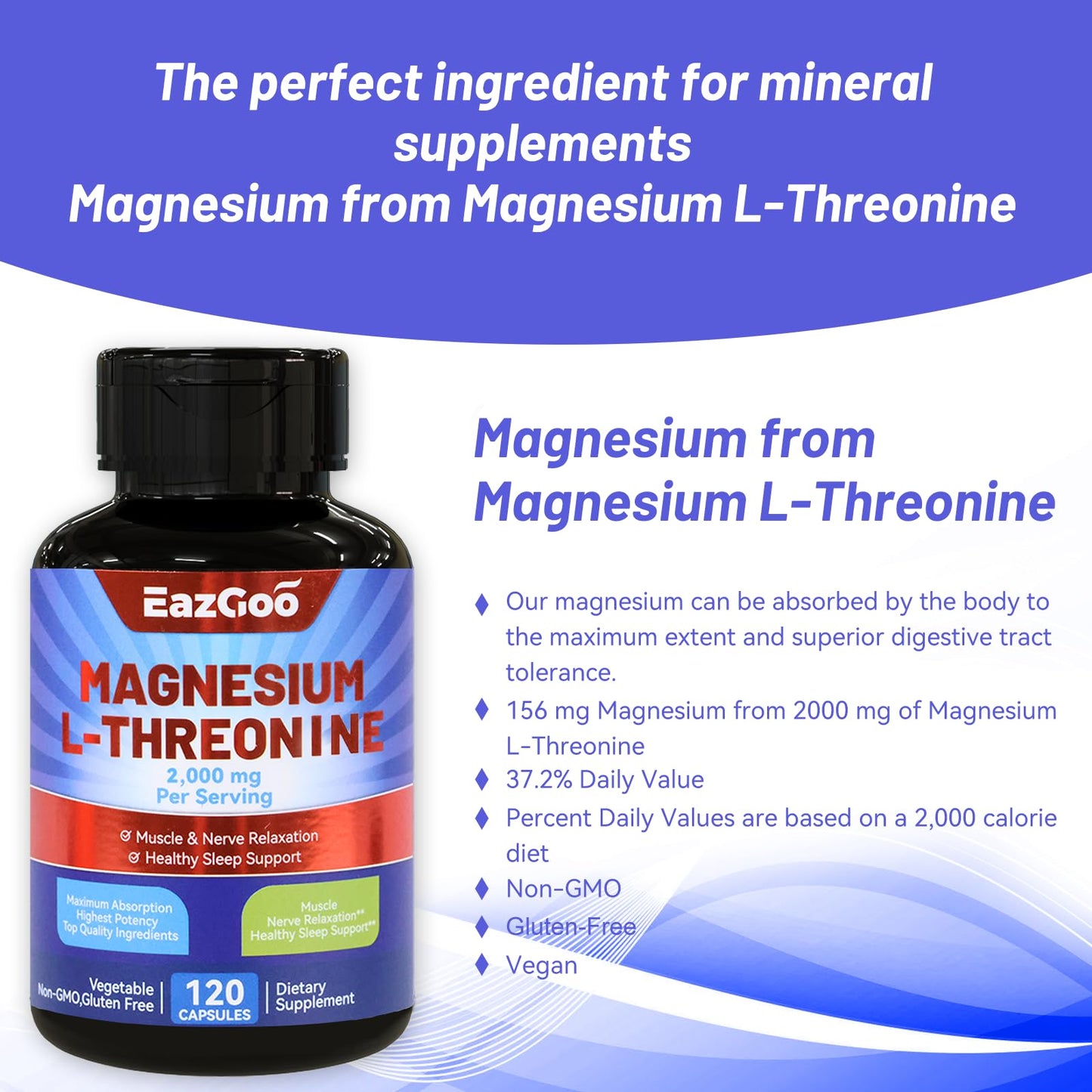 EAZGOO Magnesium L-Threonine Supplement, 120 Capsules