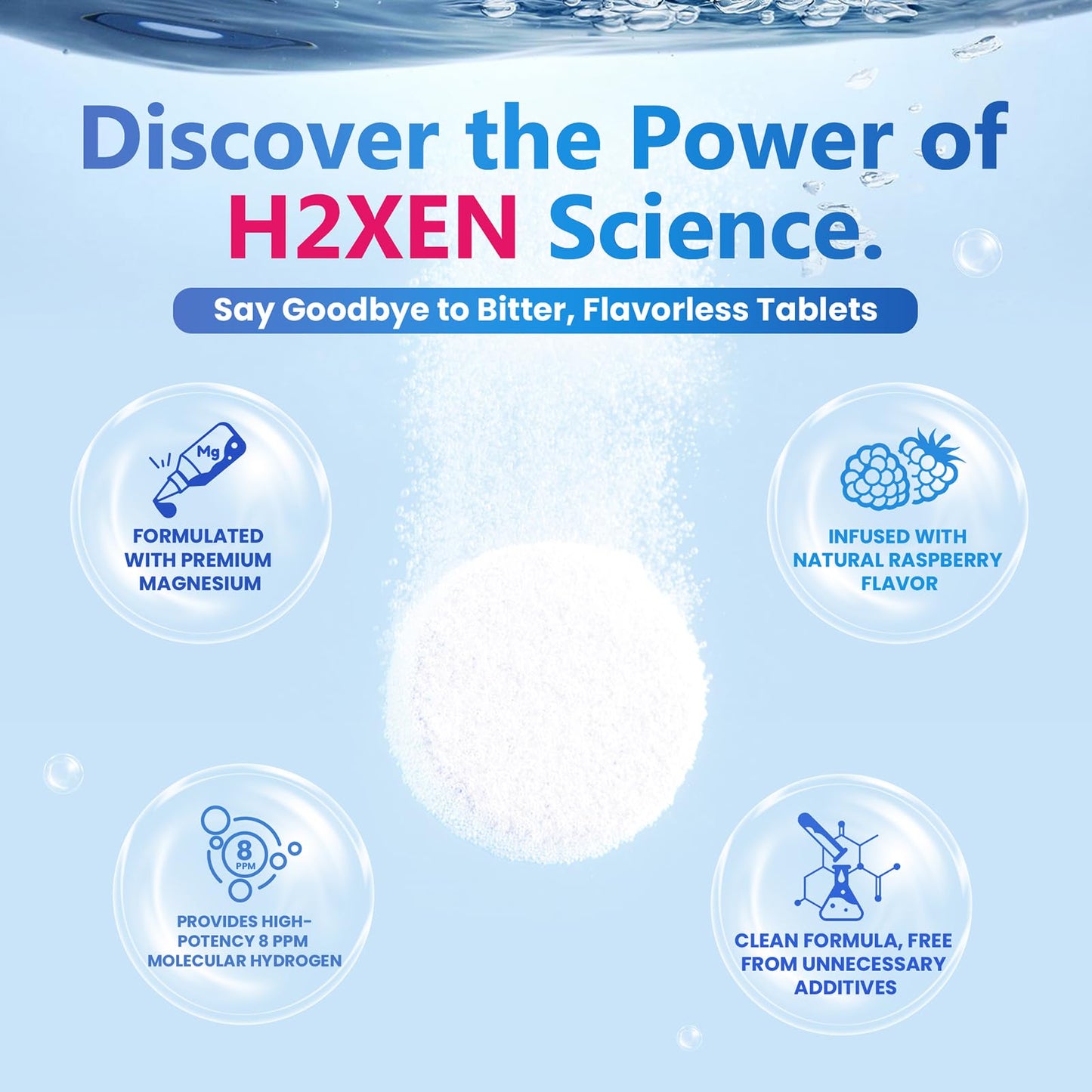H2XEN Molecular Hydrogen Tablets with Magnesium - 8 PPM Hydrogen Water Tablets for Drinking Water, 60 Tablets