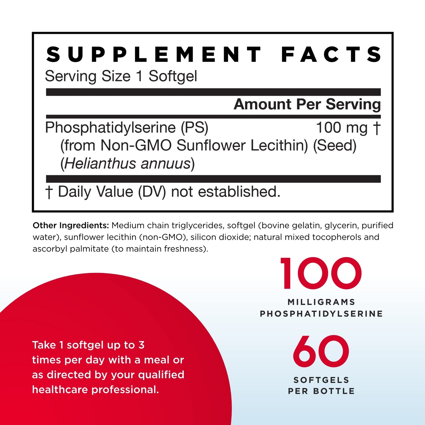 Jarrow Formulas PS 100 100 mg Phosphatidylserine (PS) Supports Brain Health Soy Free Softgels 60