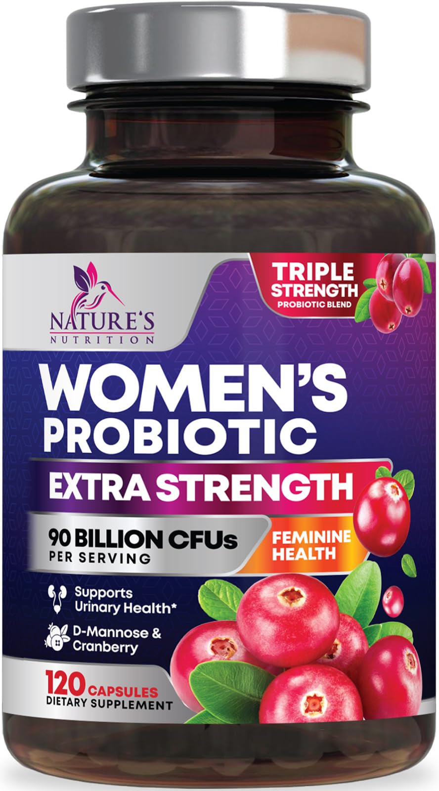 Nature's Nutrition Probiotics for Women Probiotic Blend 90 Billion CFU - 16 Strains, Cranberry & Prebiotics Capsules 120 Count