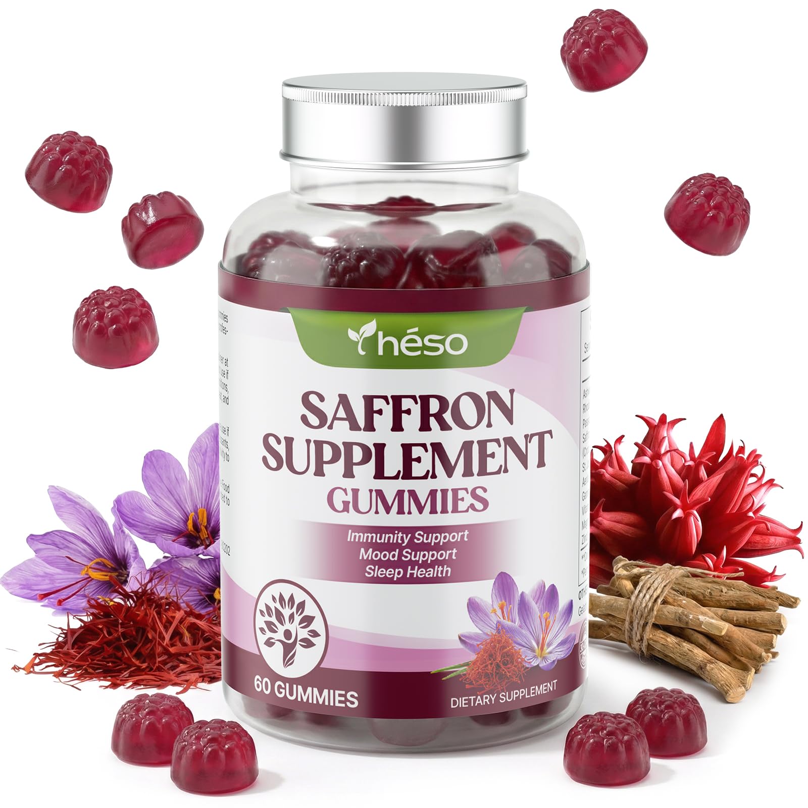 Yheso Saffron Gummies with Ashwagandha, Rhodiola & GABA – Sugar Free Mood & Stress Support Supplement with Magnesium, Vitamin D3 & Zinc – Calm & Relaxation Blend, Gummies, 60