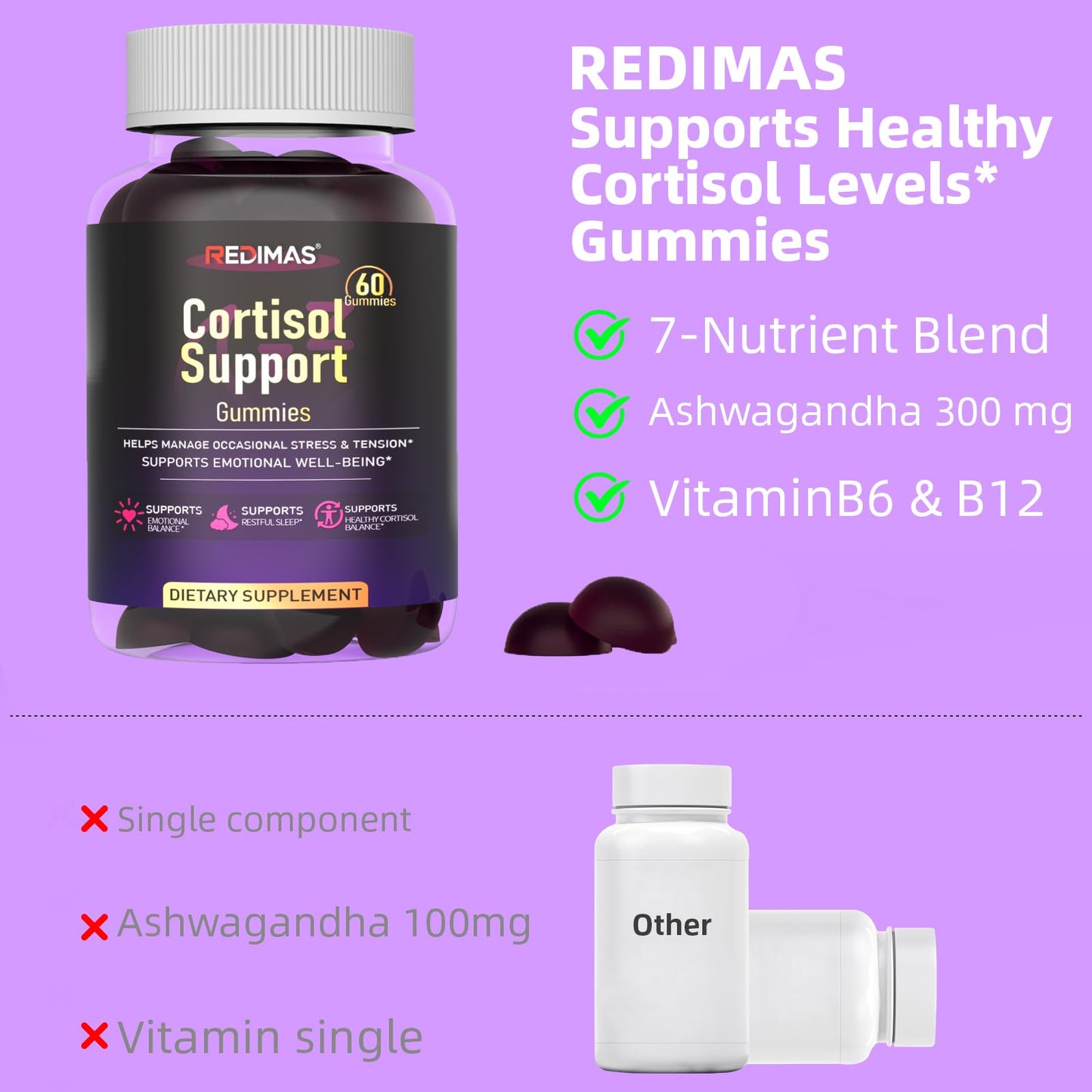 Redimas Cortisol Gummies with Ashwagandha, Magnesium, L-Theanine and Multivitamin, Gummy, 60 Count
