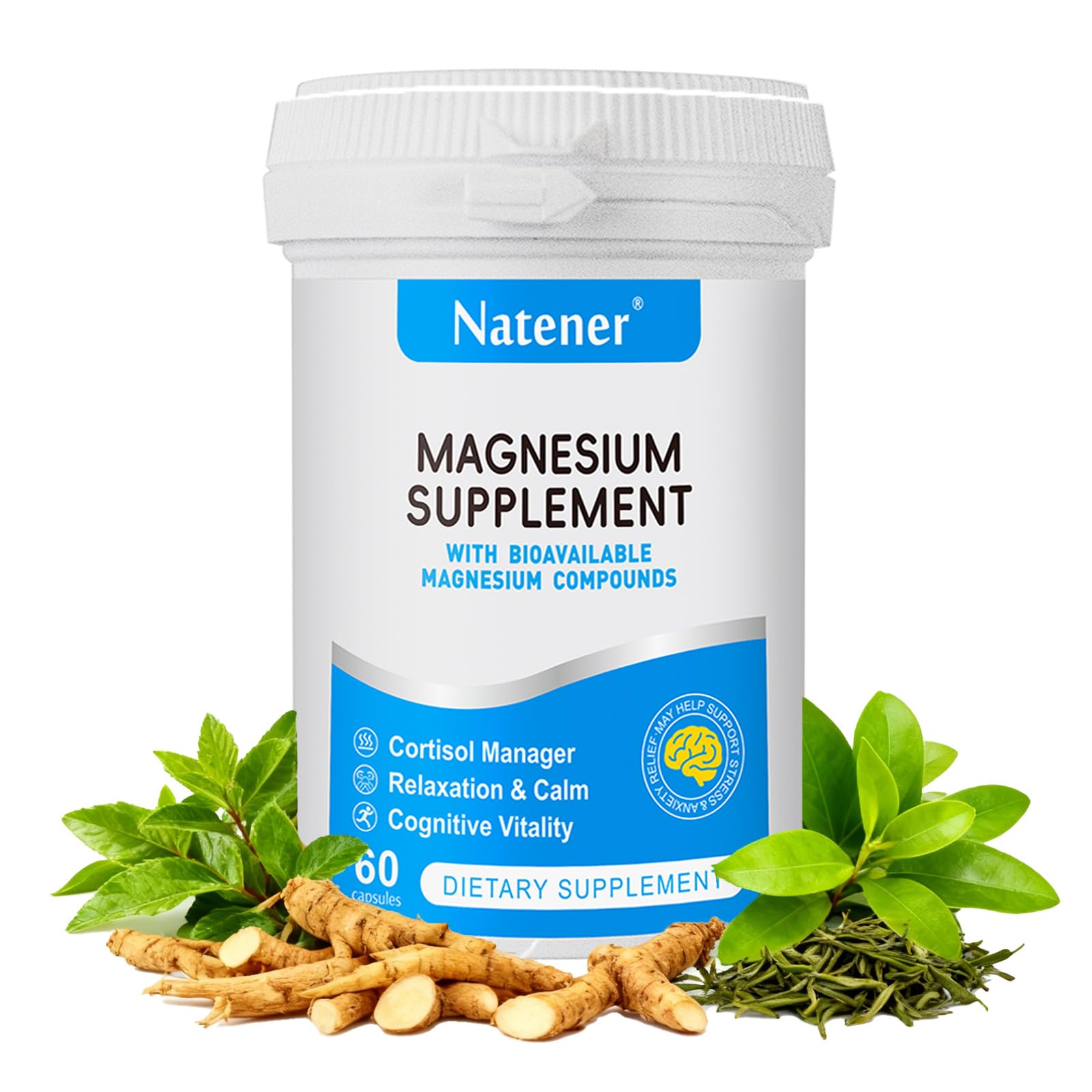 Natener Quad Magnesium with Alpha GPC, Ashwagandha & L-Theanine, Magnesium Glycinate/Threonate/Citrate/Malate, 60 Capsules