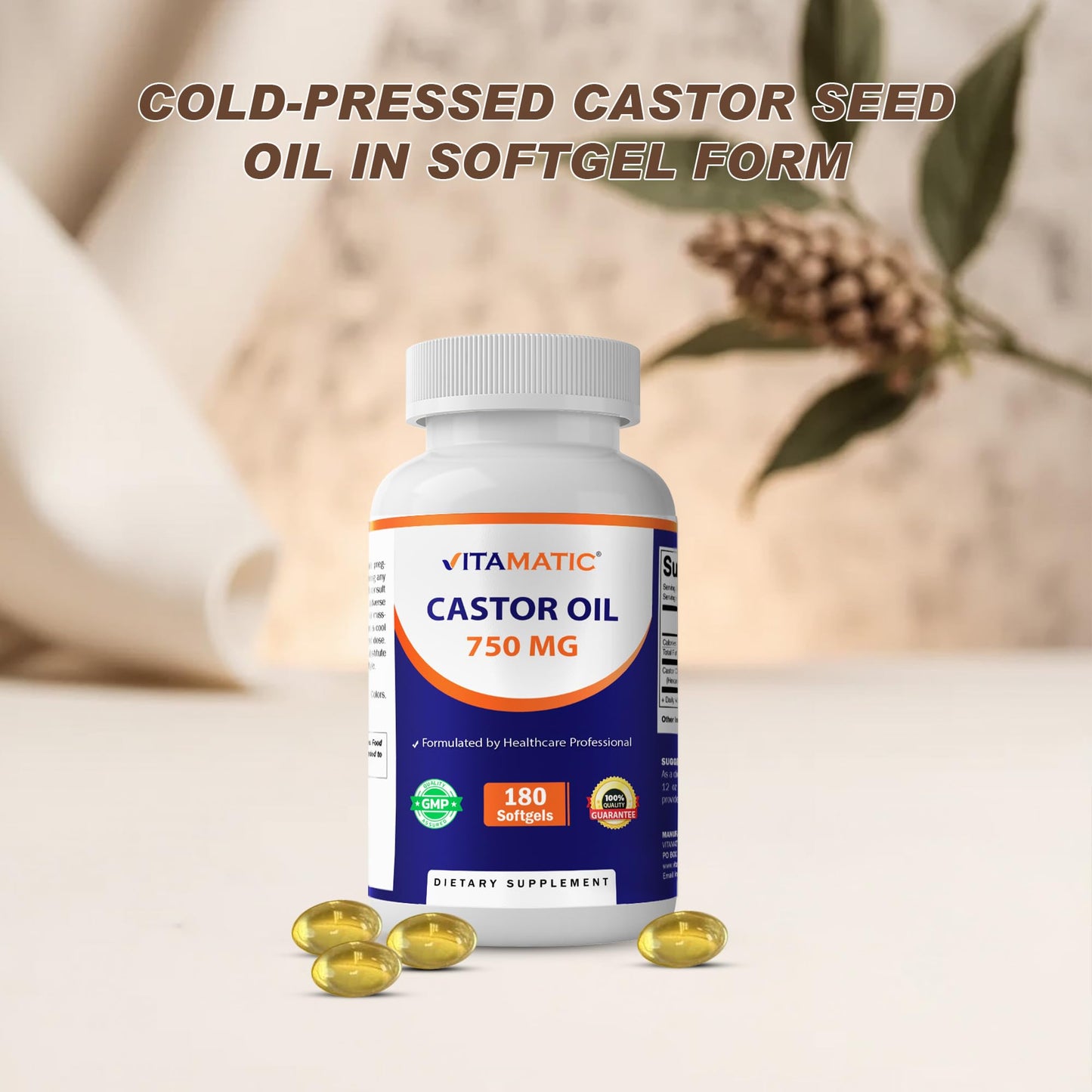 Vitamatic Castor Oil 750 mg, 180 Softgels