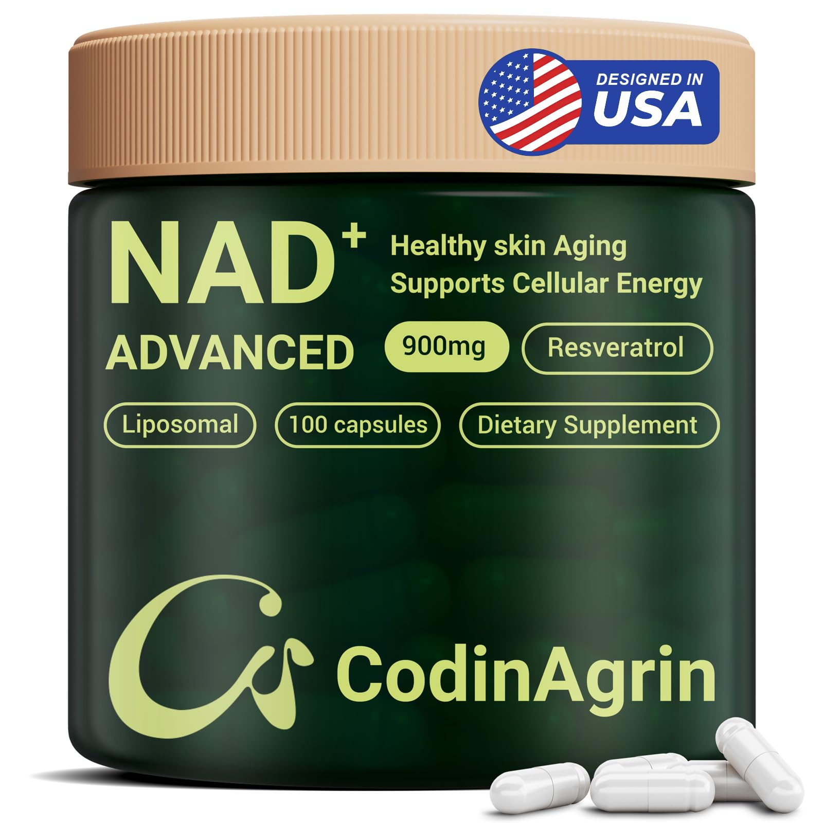 CodinAgrin NAD+ Supplement with Resveratrol 900mg Nicotinamide Adenine Dinucleotide Complex for Cellular Energy Repair, Anti-Aging & Mental Clarity Support Capsule, 100 Capsules