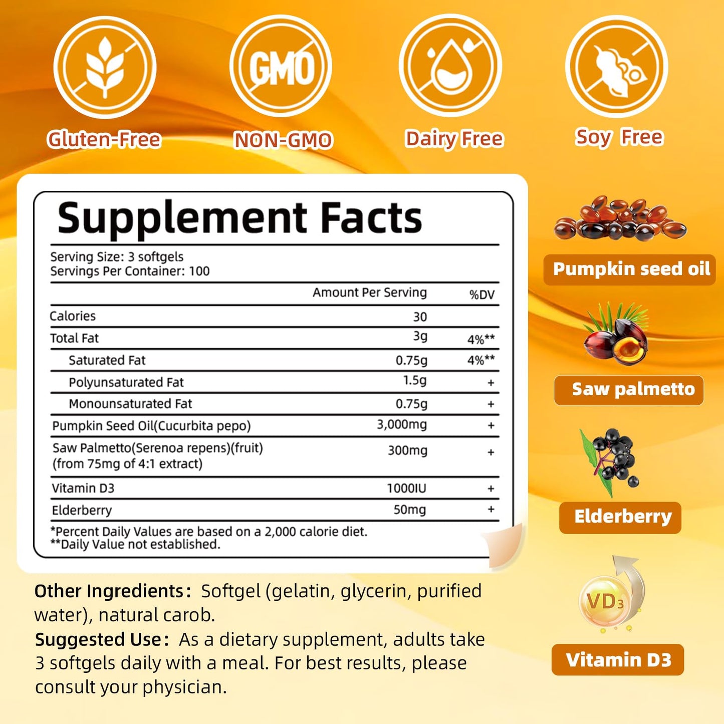 FRZVEO Pumpkin Seed Oil with Saw Palmetto, Vitamin D3 & Elderberry Capsules, 300 Capsules