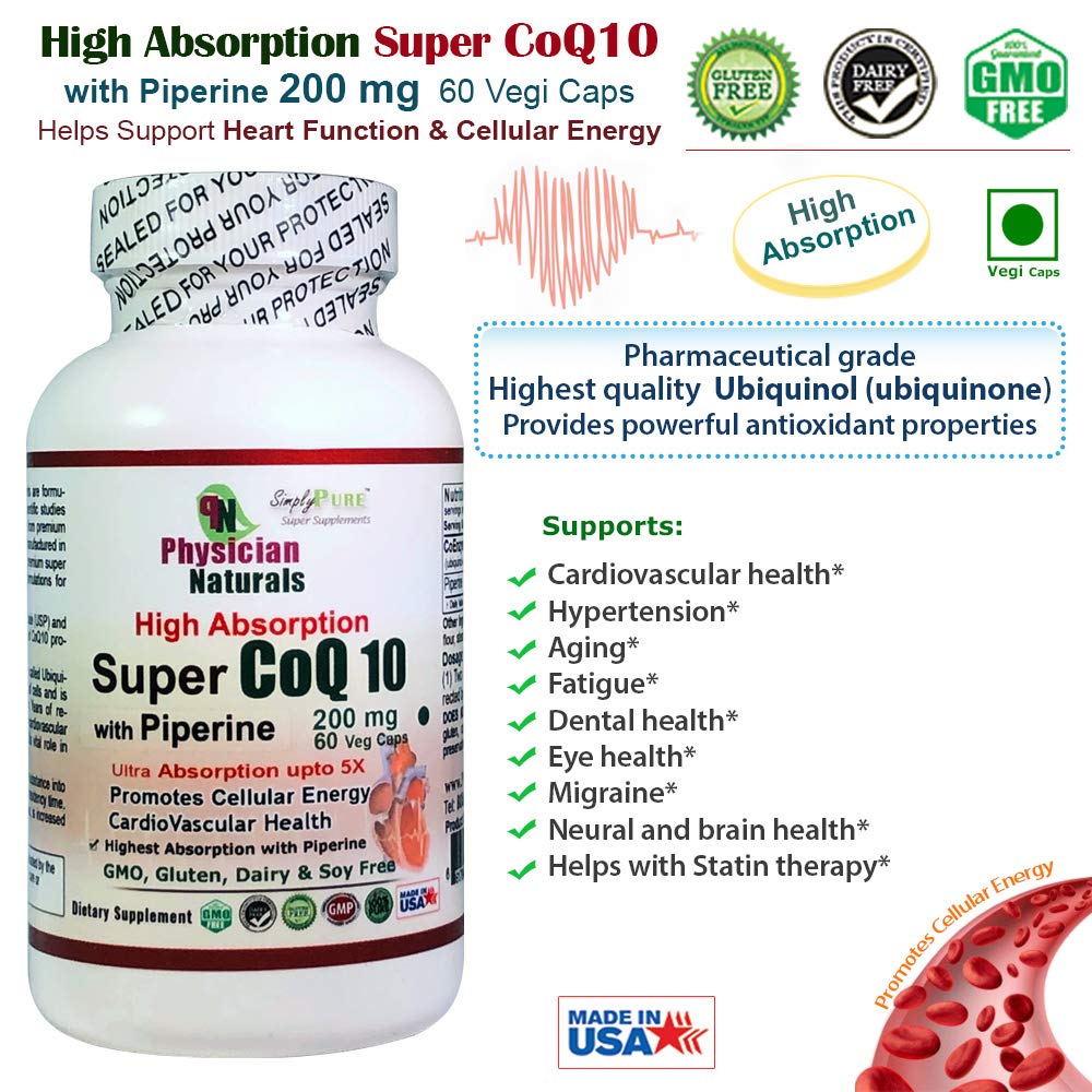 Physician Naturals Super CoQ10 Co-Enzyme with Piperine 200 mg, 60 Capsules