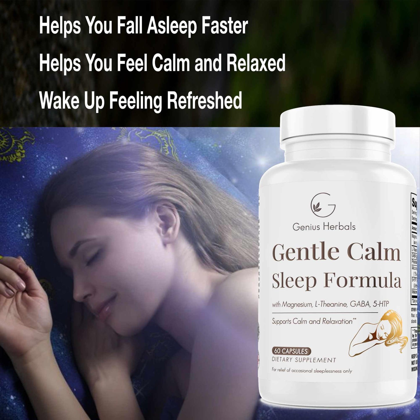 GENIUS HERBALS Gentle Calm Sleep Formula with Magnesium, L-Theanine, Melatonin, GABA, 5-Htp, 60 Capsules
