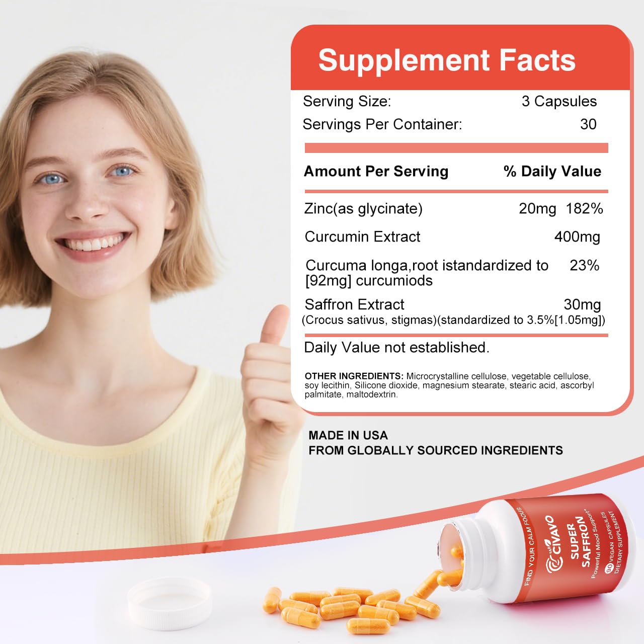 Civavo Saffron Supplements with Curcumin & Zinc Capsules, 90 Count
