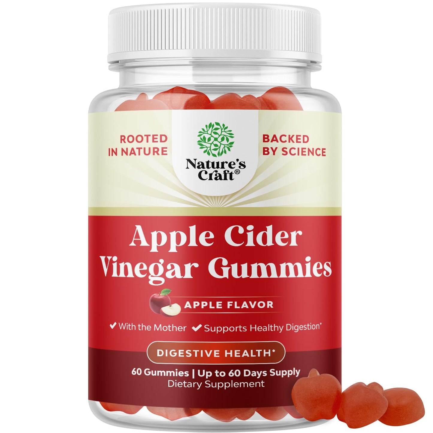 Natures Craft Apple Cider Vinegar Gummies for Weight Loss, Detox & Gut Health with B12, B6 & Pomegranate, 60 Gummies