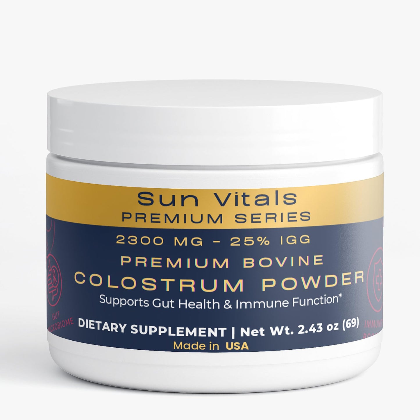 Sun Vitals Bovine Colostrum Powder 2300mg – 575mg IgG Per Serving, 25% IgG Standardized, Gut Health & Immune Support, No Fillers, No Capsules, GMP-Certified, 3rd Party Tested, 2.43 oz, 30 Servings