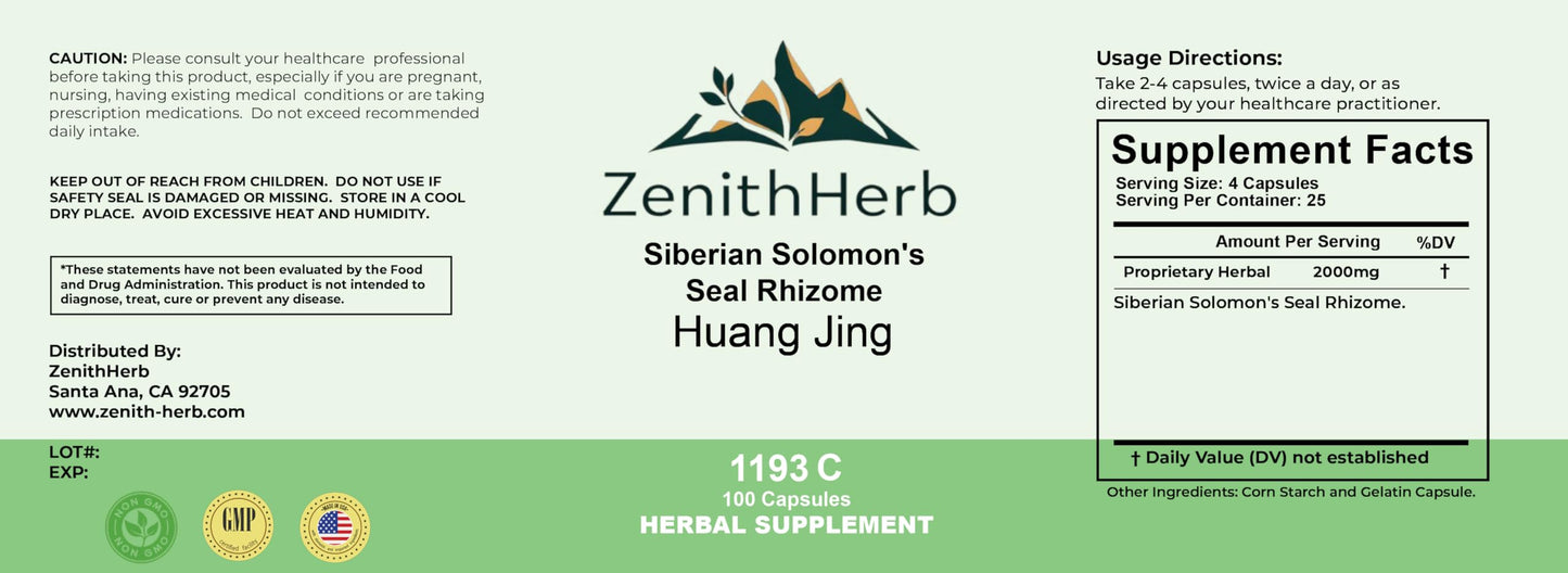 ZenithHerb Siberian Solomon's Seal Rhizome, Huang Jing Herbal Supplement Capsule, 100 Capsules
