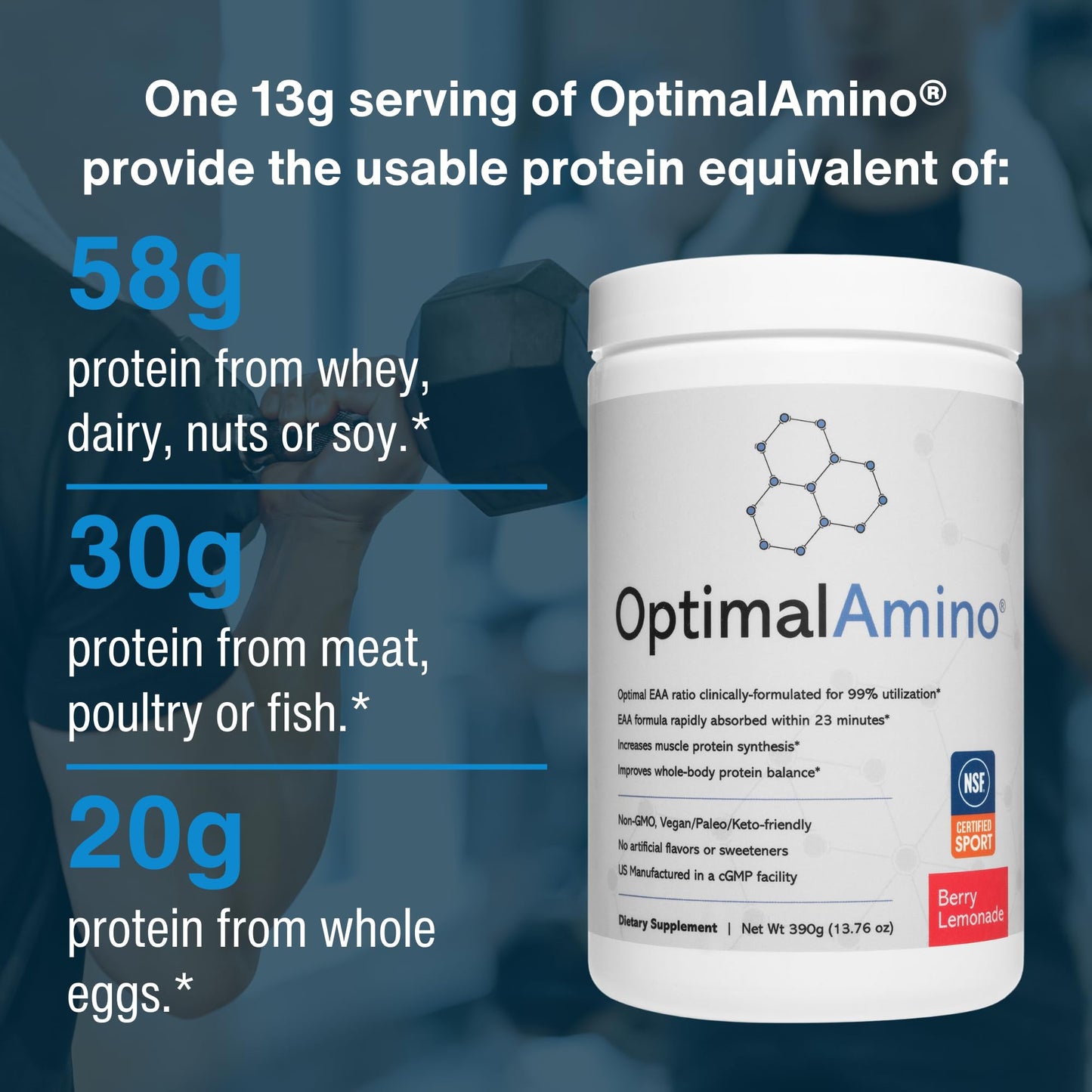 OptimalAmino Best Pre/Post Workout Recovery Drink Essential Amino Acid Supplement Powder, 13.76 Oz