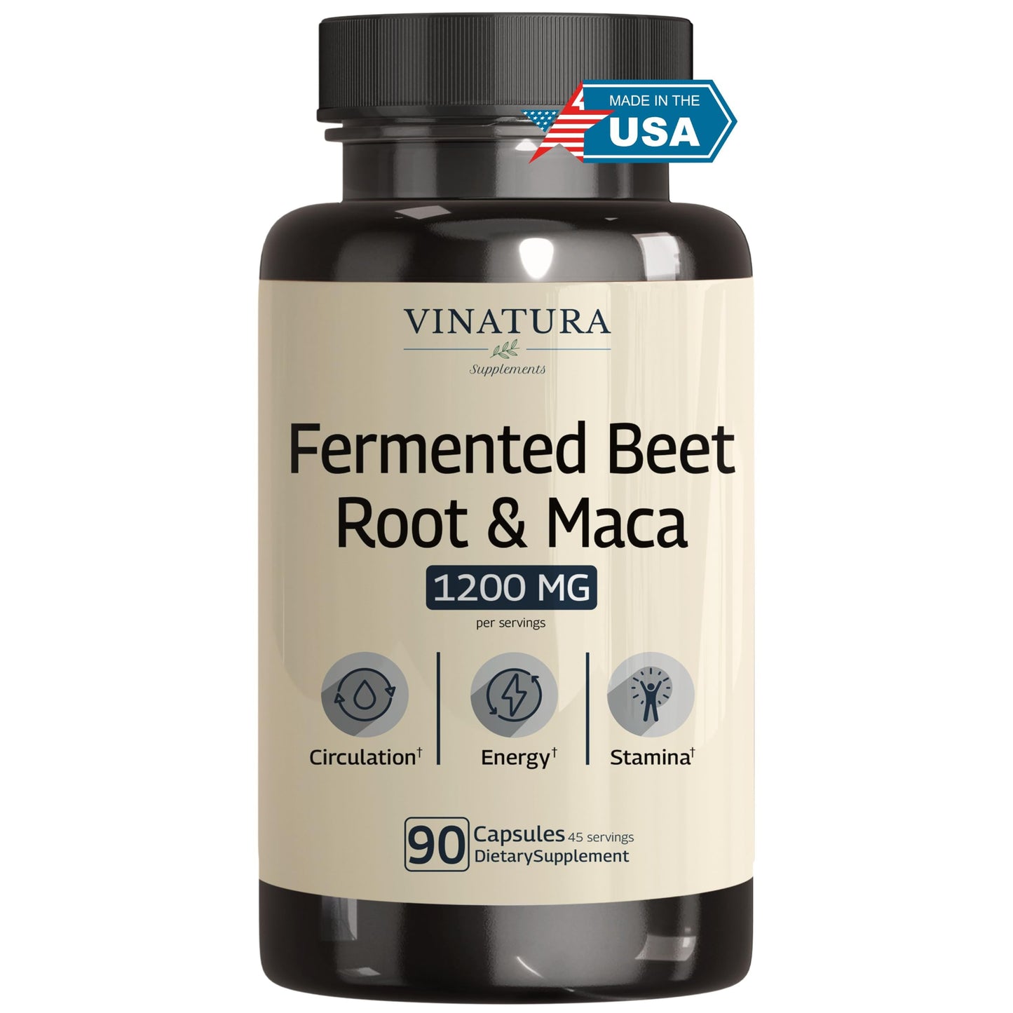 VINATURA Organic Fermented Beet Root with Maca, 1200MG, 90 Capsules