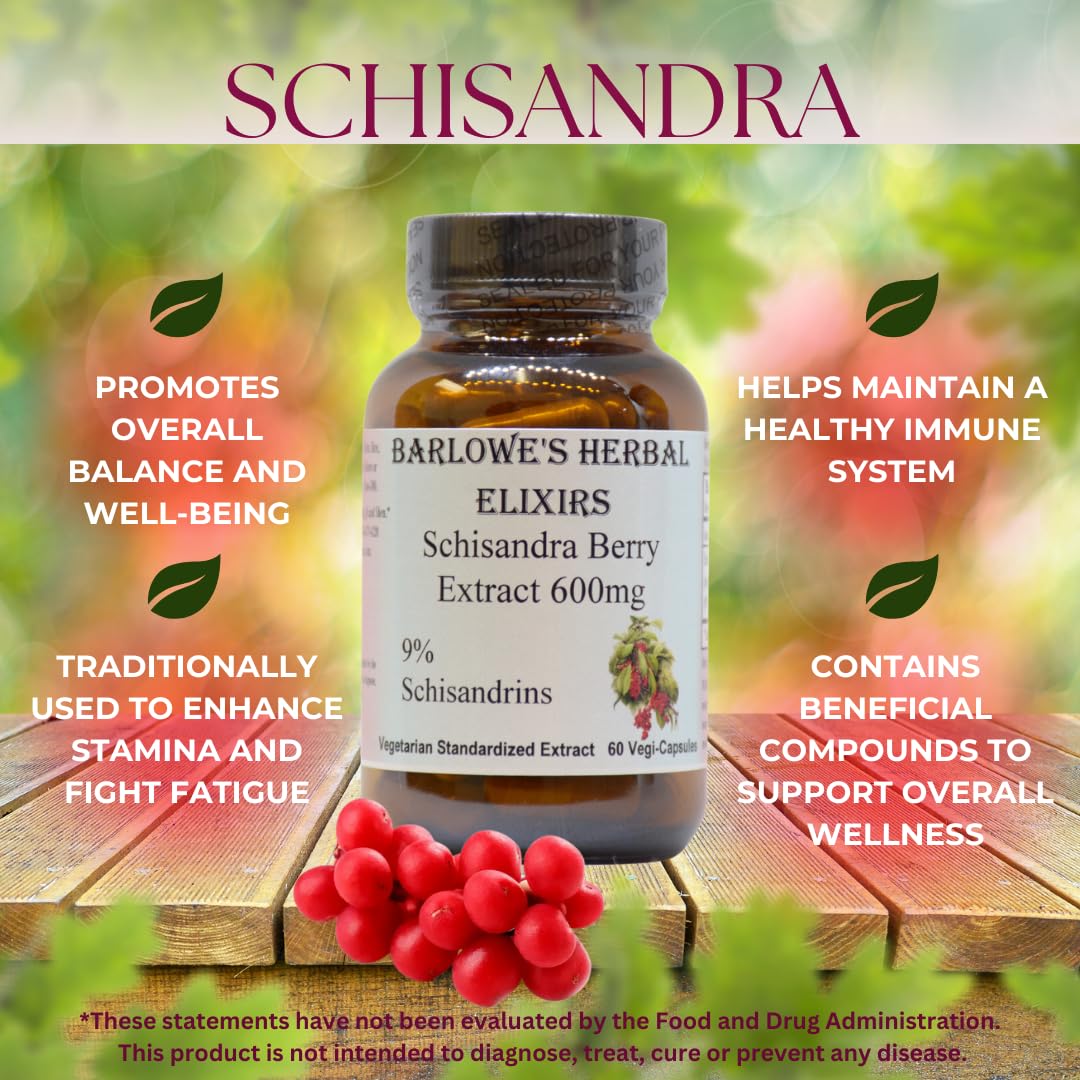 Barlowe's Herbal Elixirs Schisandra Berry Extract 9% Schisandrins 600mg per Capsule, 60 Veggie Capsules
