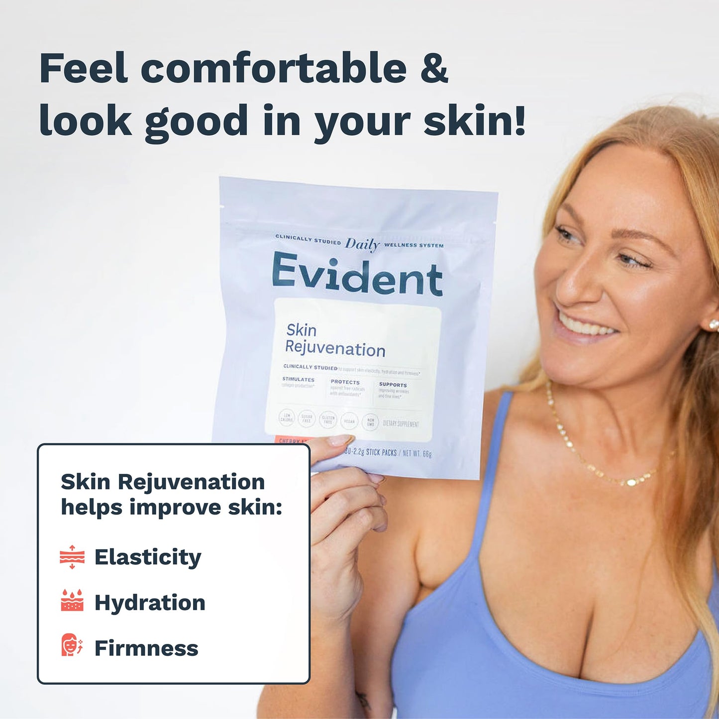 EVIDENT WELLNESS Skin Rejuvenation Powder – Collagen Supplement with Resveratrol, Sodium Hyaluronate, CollaBZEn, Vitamins C & E – Supports Elasticity, Hydration, Firmness (4.5151)