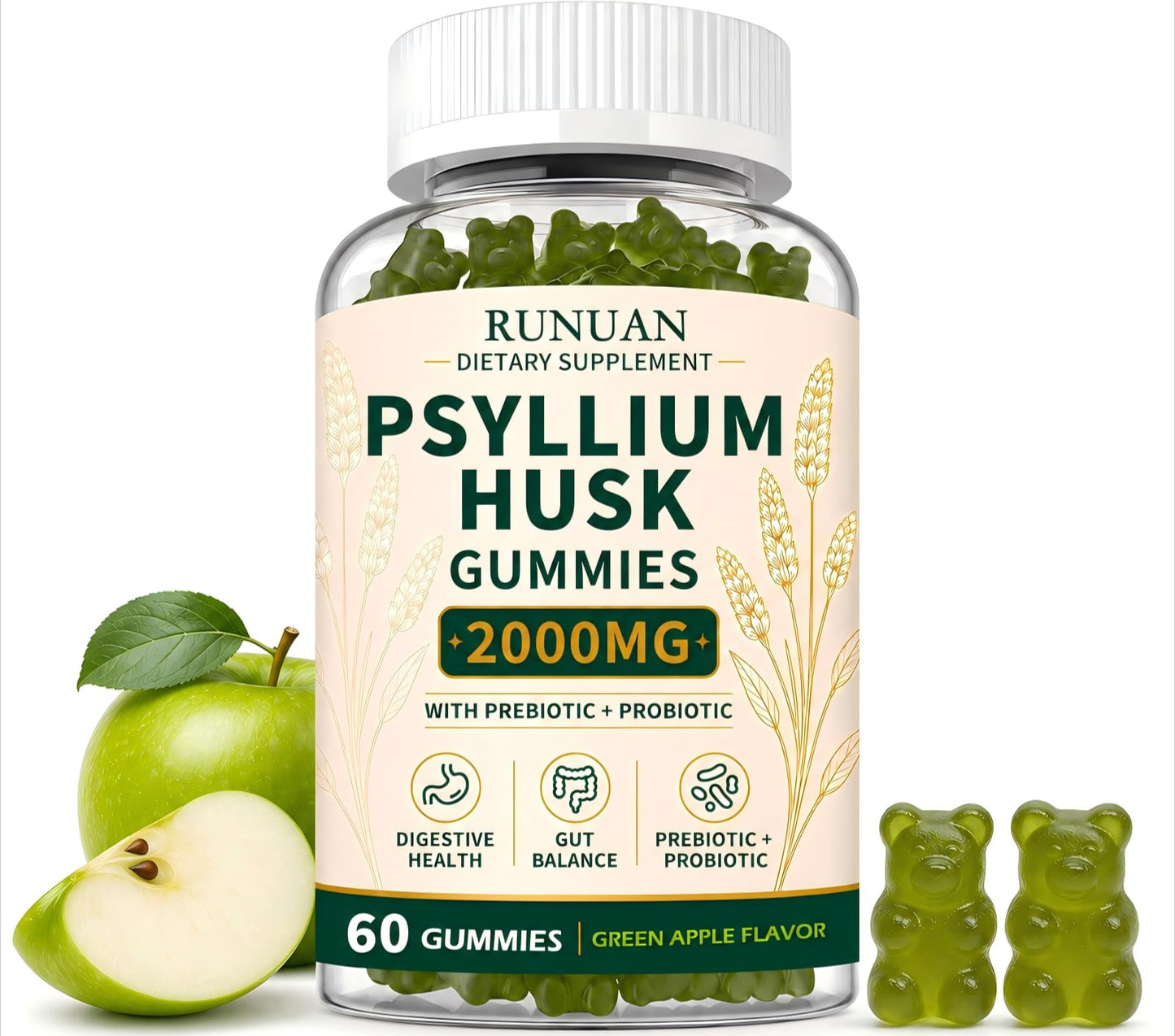 RUNUAN Psyllium Husk Gummies 2000mg with Probiotics, Inulin, Sugar Free, 60 Count