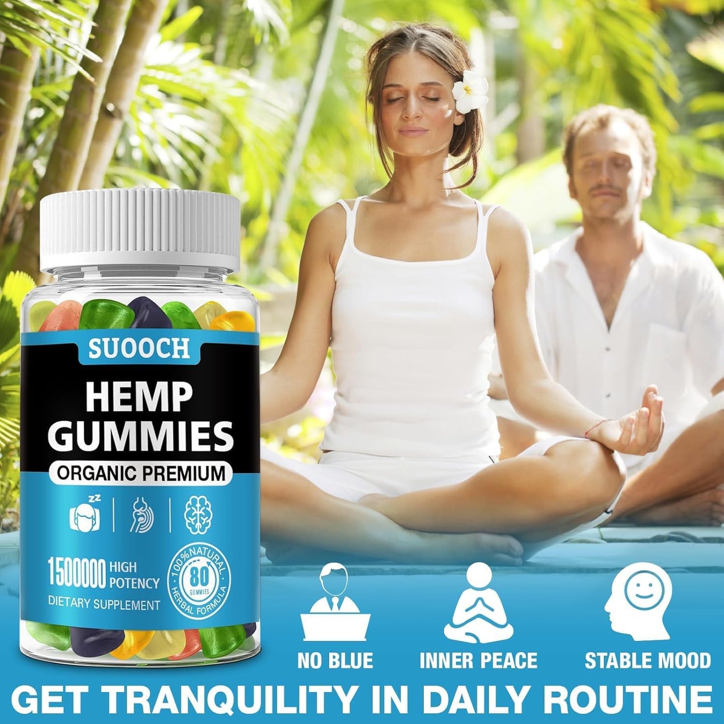 SUOOCH Hemp Gummies for Sleep, Anxiety, Pain & Inflammation Relief Edible with Omega & Vitamin Premium Fruity Flavors, Natural Candy High Potency 160 Count Gummies