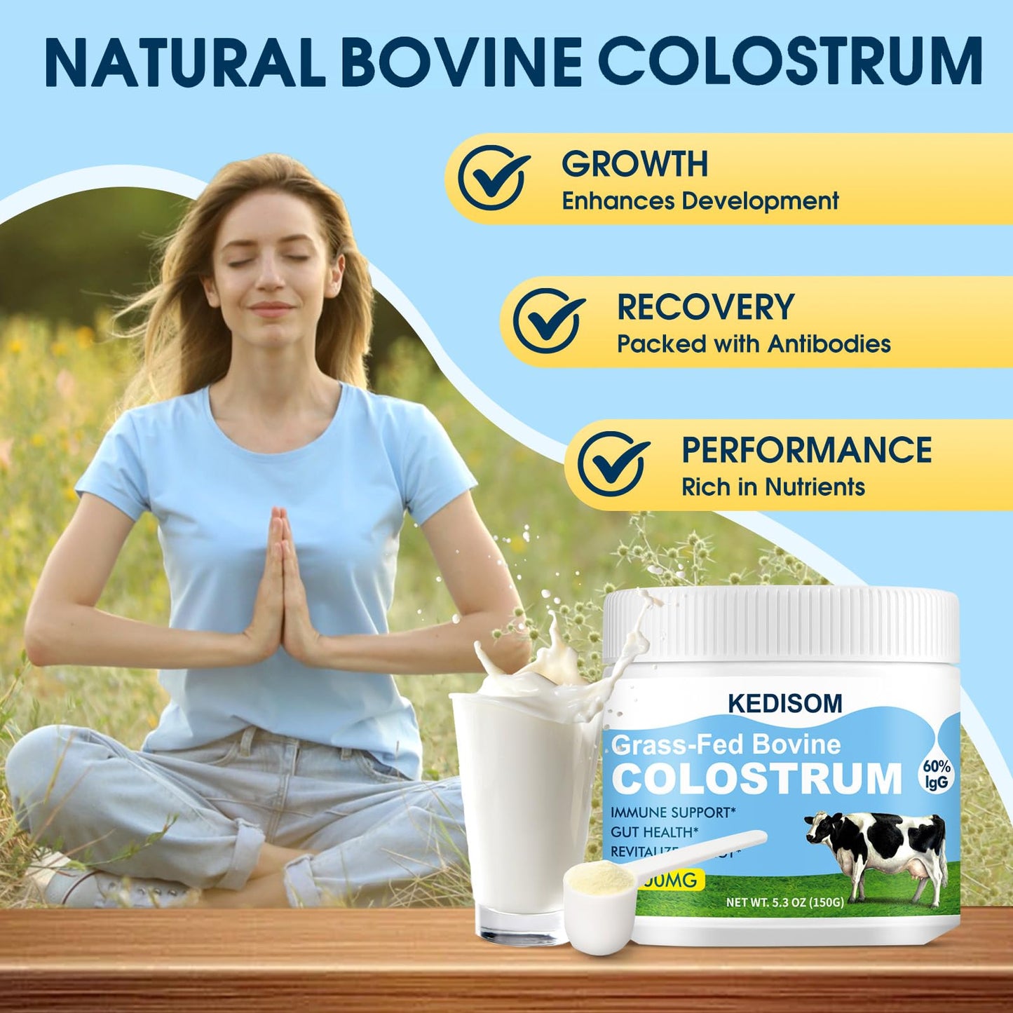 KEDISOM Grass-Fed Bovine Colostrum Supplement Powder, 50 Servings