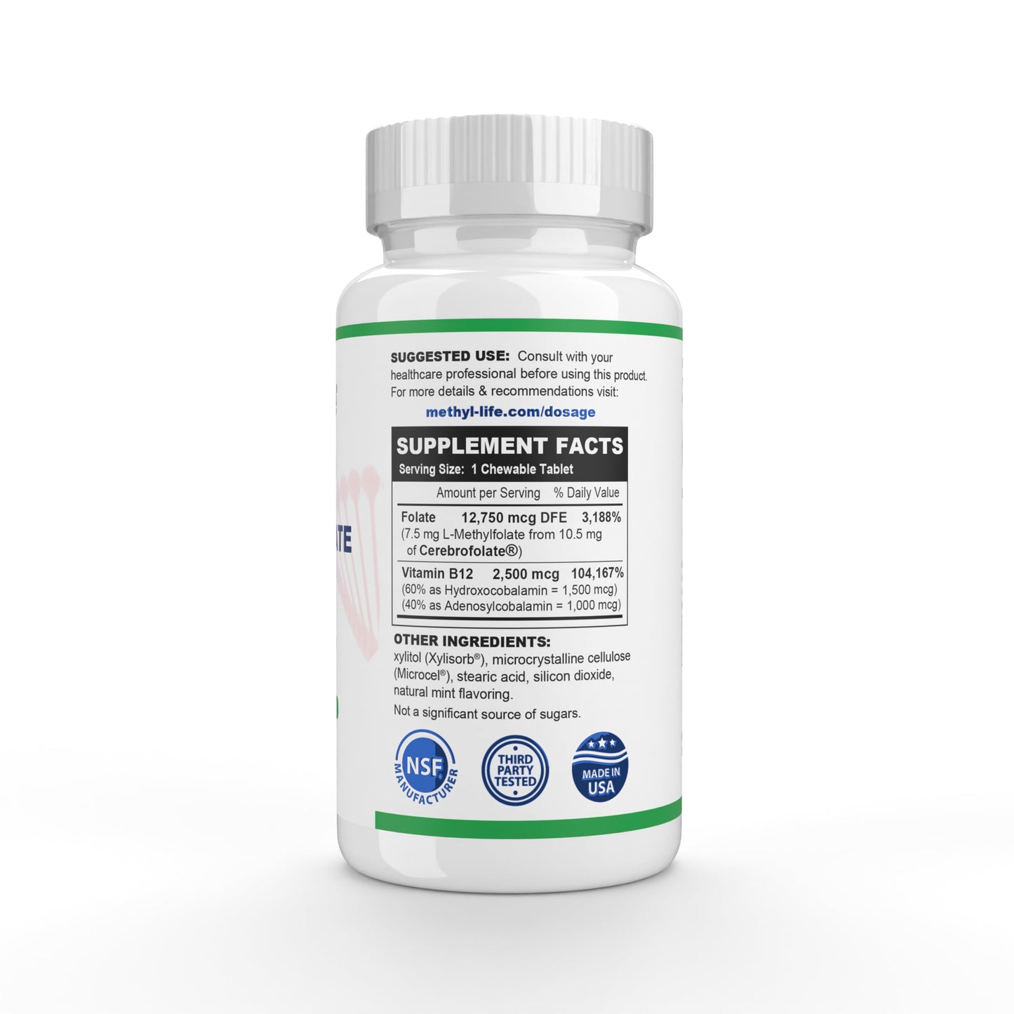 Methyl-Life Pure L-Methylfolate 7.5mg + Vitamin B12 Tablet, 90 Count