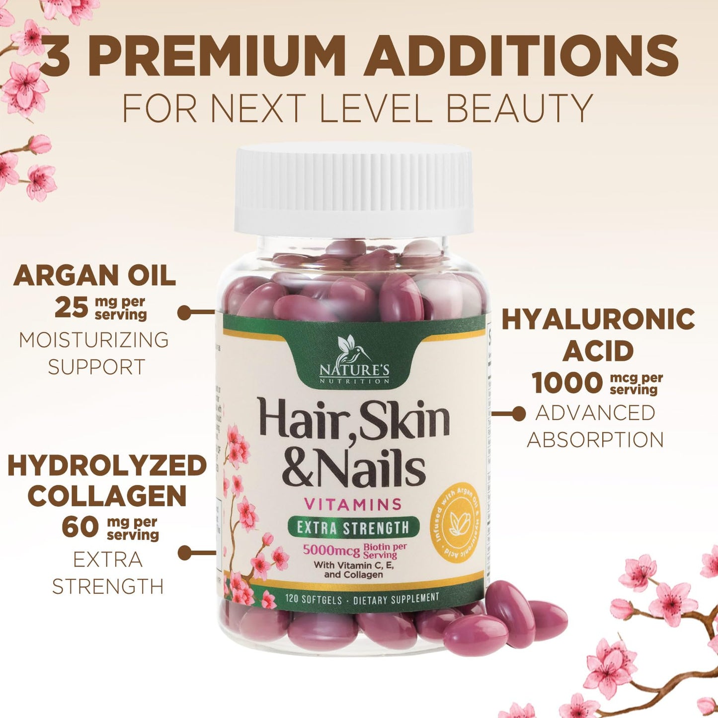 Nature's Nutrition Hair, Skin & Nails Biotin 5000mcg Softgels 120 Count