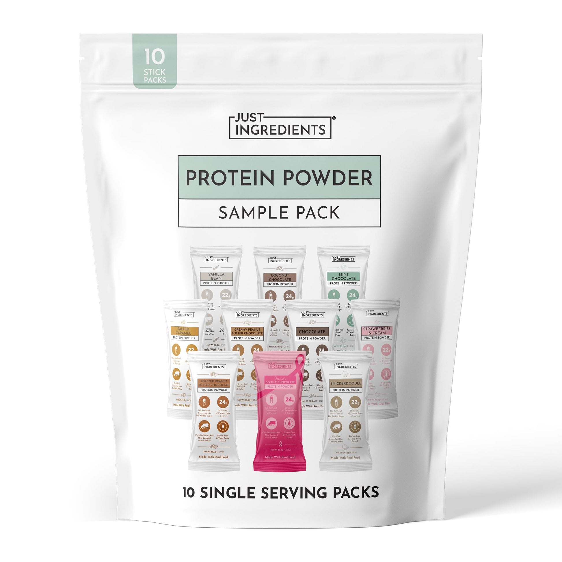 JUST INGREDIENTS Grass-Fed Whey Protein Powder Sample Pack Sticks 10