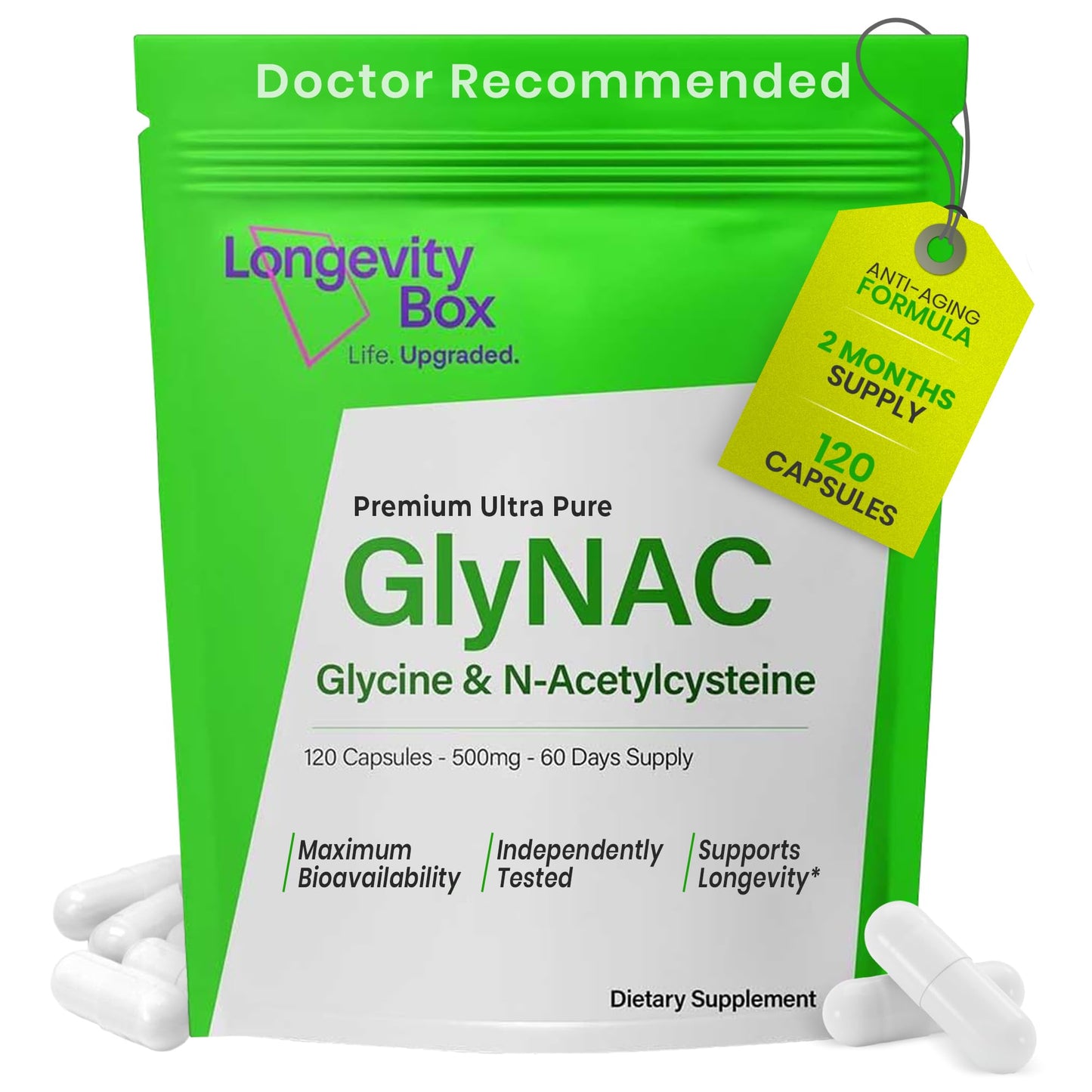 Longevity Box Ultra Pure GlyNAC Supplement 1000mg (500mg Glycine + 500mg N-Acetyl Cysteine) - Glutathione Precursor, 120 Capsules