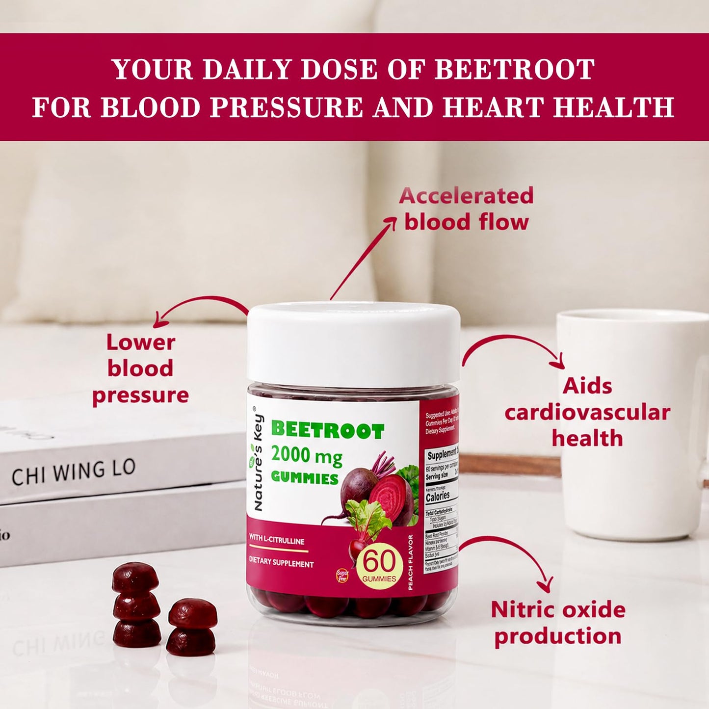 Nature's Key Beet Root Gummies No Sugar, 60 Count