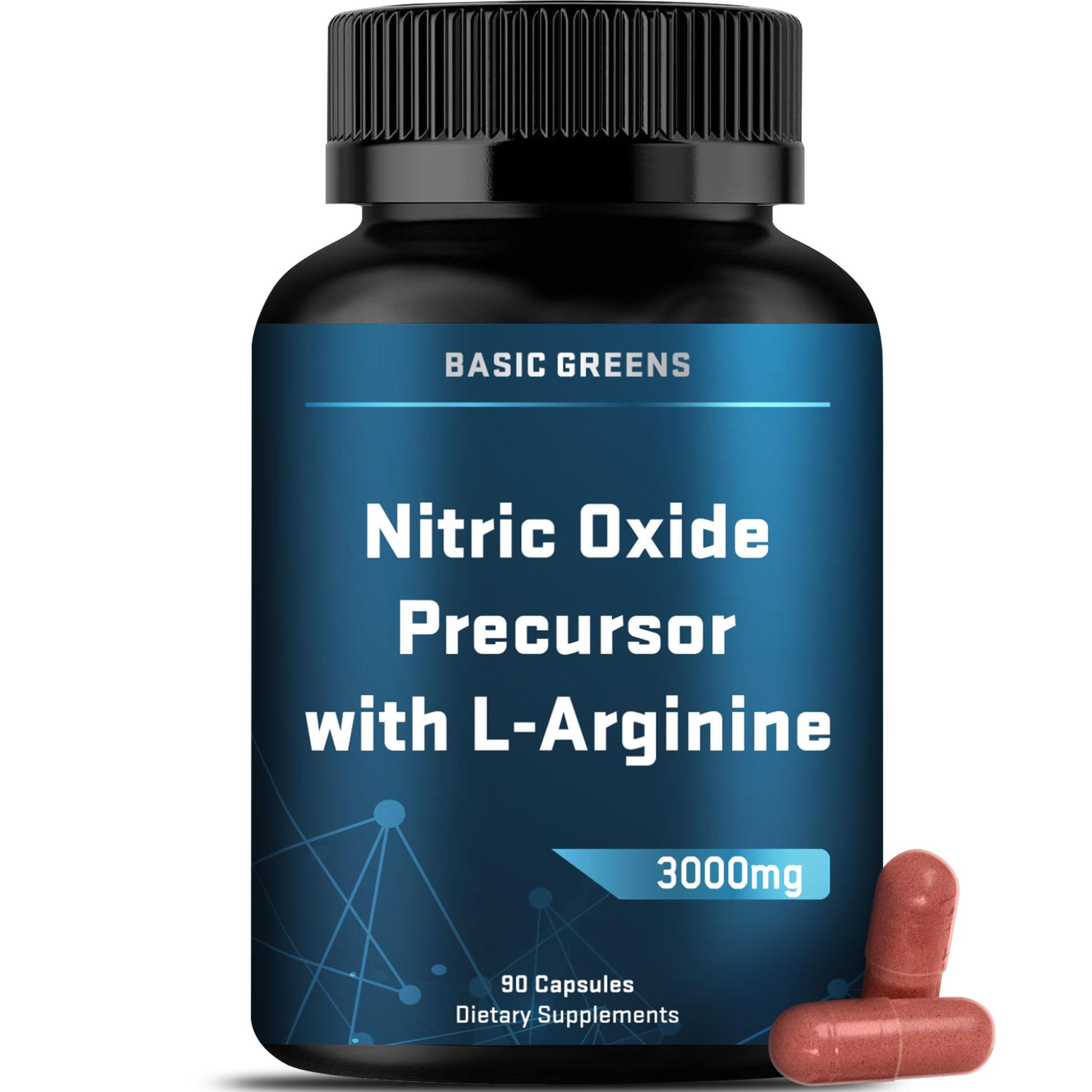 Basic Greens L-Arginine 3000mg Nitric Oxide Supplement Vegan Capsules 90 Count