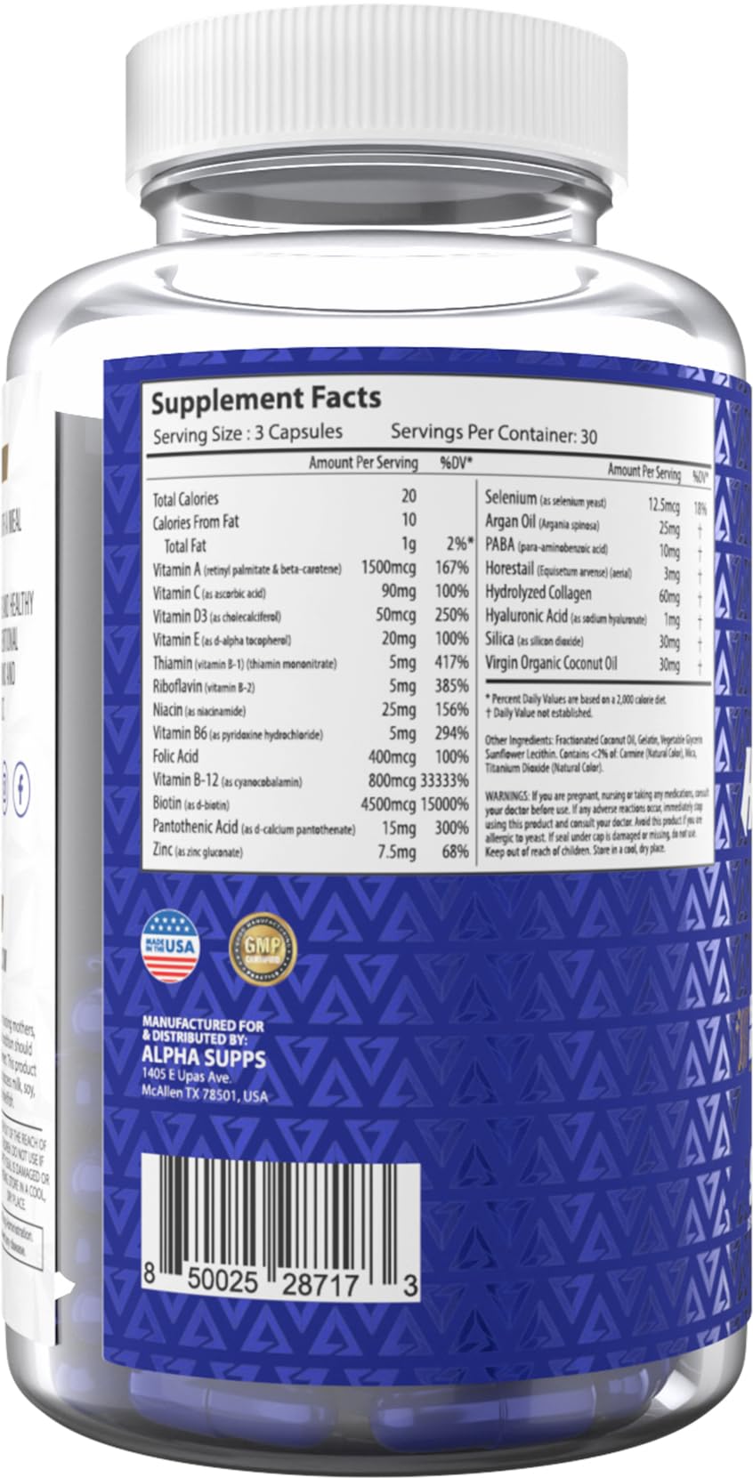 Alpha Supps Hair, Skin, and Nails Supplement, 90 Capsules