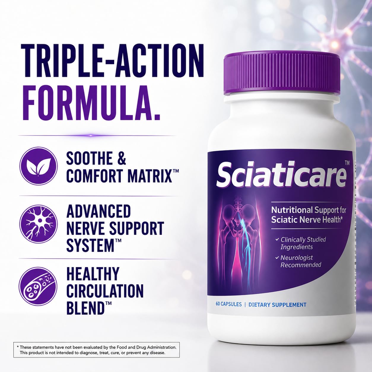 Vita Sciences Sciaticare Nerve Soothing Supplement Vitamins with Natural R-ALA Form 40X Strength, NOT Synthetic Alpha Lipoic Acid (ALA) - Lower Lumbar Sciatic, Hip, Thigh, Leg, Foot Capsules 60