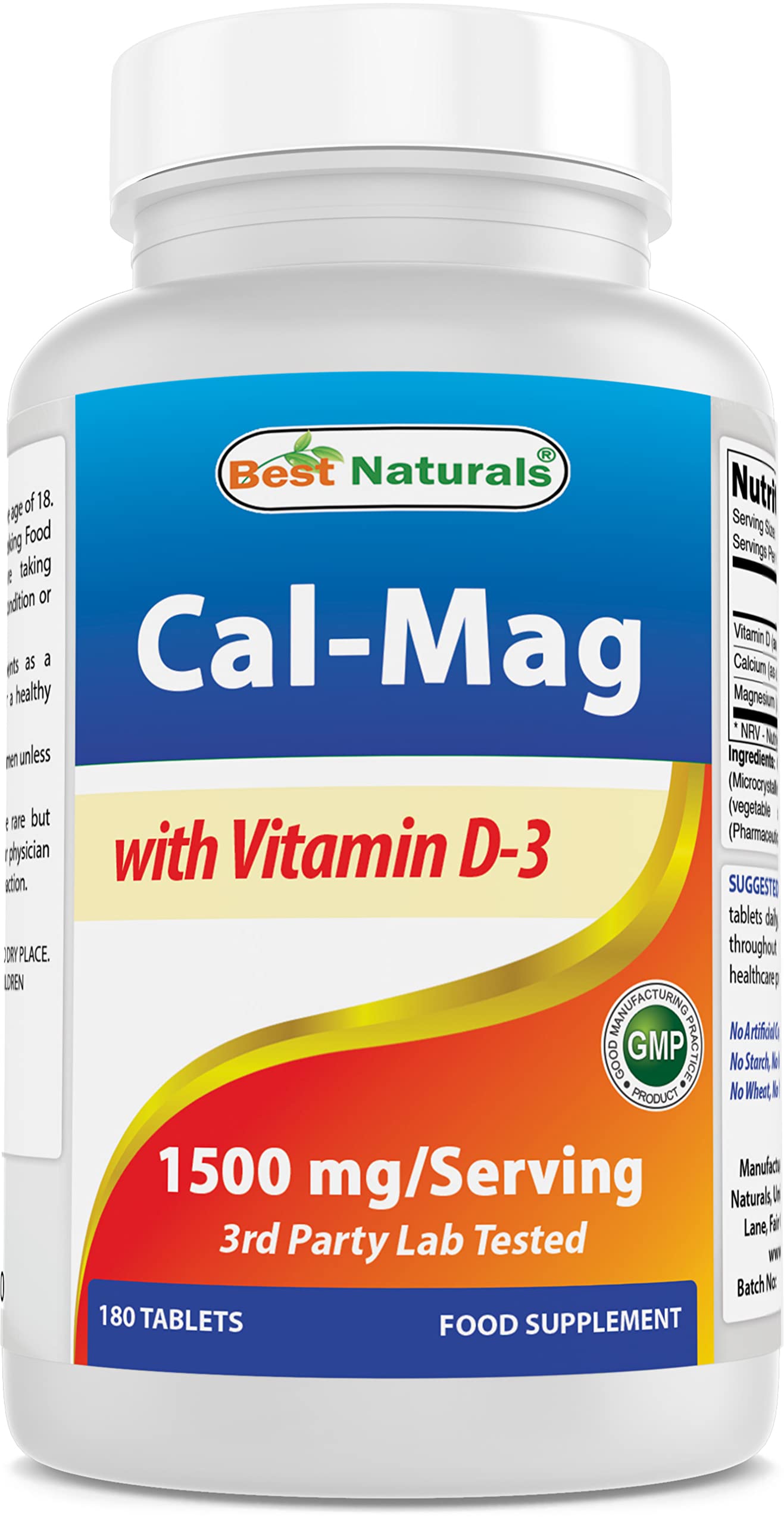 Best Naturals Calcium Magnesium with Vitamin D3 1500mg Tablets, 180 Tablets