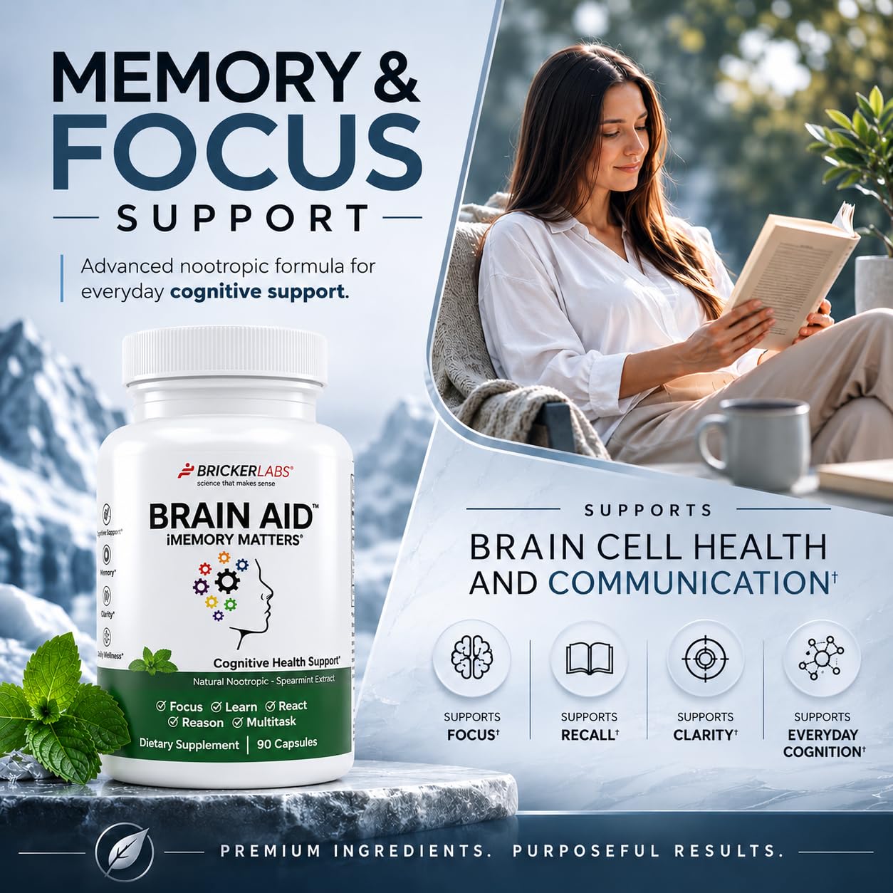 Bricker Labs Brain Aid Memory Matters Nootropic Brain Supplement with Neumentix Spearmint Extract Capsules, 90 Count