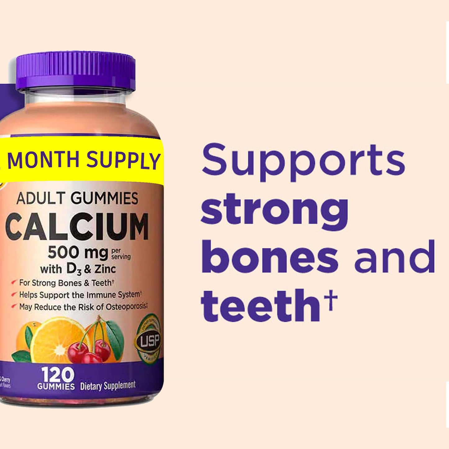 Generic KS Calcium 500 mg with Vitamin D3 1000 IU & Zinc Gummies, 120 Count
